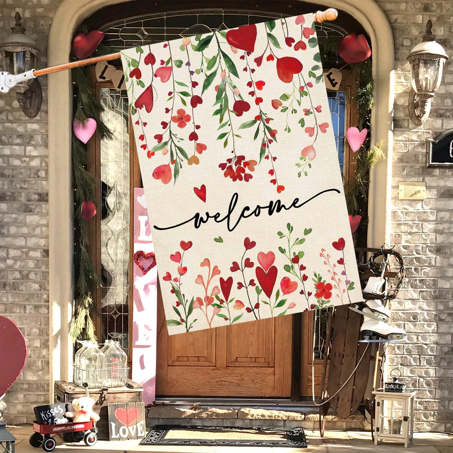 Baccessor Walentynki powitalny dom flaga 71 x 102 cm pionowa dwustronna czerwona miłość serce kwiatowy dziedziniec wiosna dom wiejski wakacje na zewnątrz powitalny trawnik dekoracja (duża)