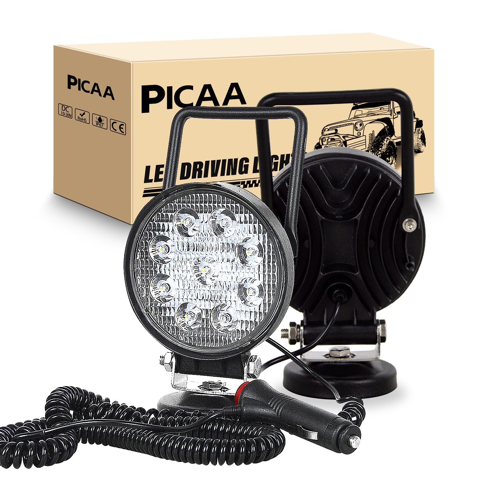 PICAA 2 luces LED luz de trabajo 4 pulgadas 27W portátil 12V 24V Foco Luz de trabajo impermeable Base magnética LED Faro para Tractor Remolcador Carretilla elevadora ATV Camión Offroad 4x4
