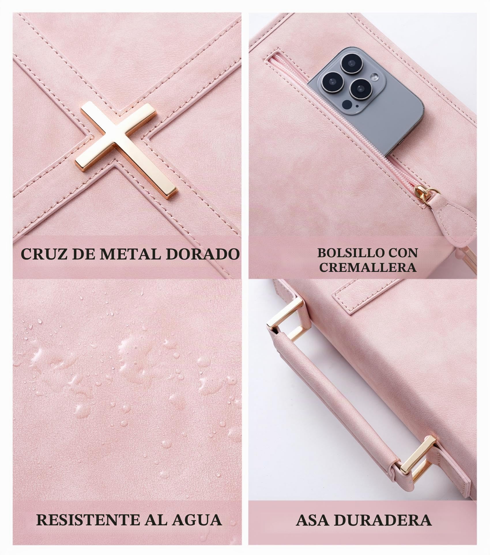 Funda de cuero vegano para la Biblia, bolsa de la Biblia con bolsillo para teléfono, funda de la Biblia para hombres y mujeres, caja de regalo cristiana (rosa)