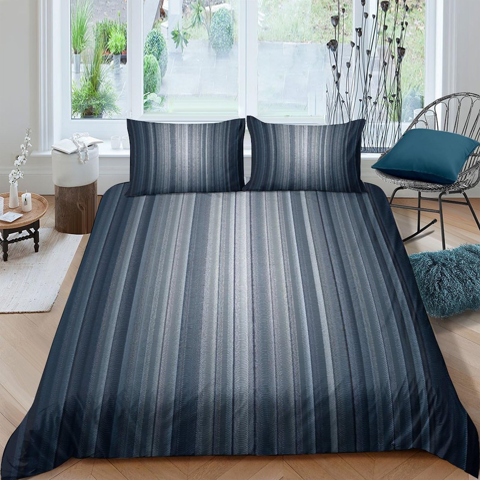 GPLZQXKJNH 3D Printed Gradient Stripe Duvet Cover Microfiber Soft Grey Ombre Bedding Set with 2 Pillowcases for Bedroom Home Decor Single（135x200cm）