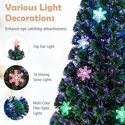 Miniatura 3 de Goplus Árbol de Navidad de fibra óptica preiluminado de 4 pies, árbol completo de Navidad artificial con coloridas luces LED de copo de nieve, 125