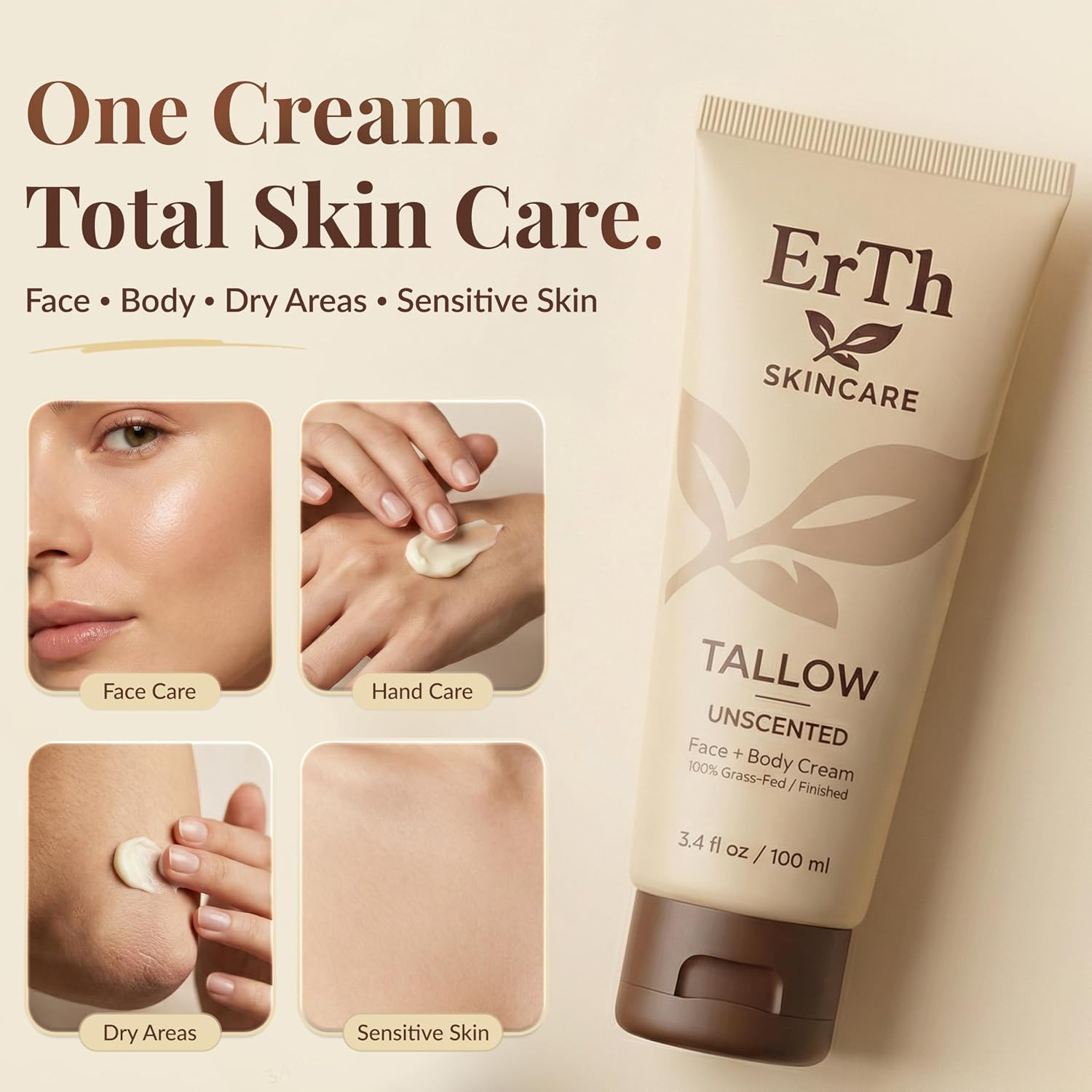 ErTh Grass-Fed Beef Tallow Cream for Skin - Tallow Moisturizer for Face & Body, Unscented Natural Cream with Organic Jojoba Oil, Deep Hydration for Dry & Sensitive Skin - Made in USA, 3.4 fl oz