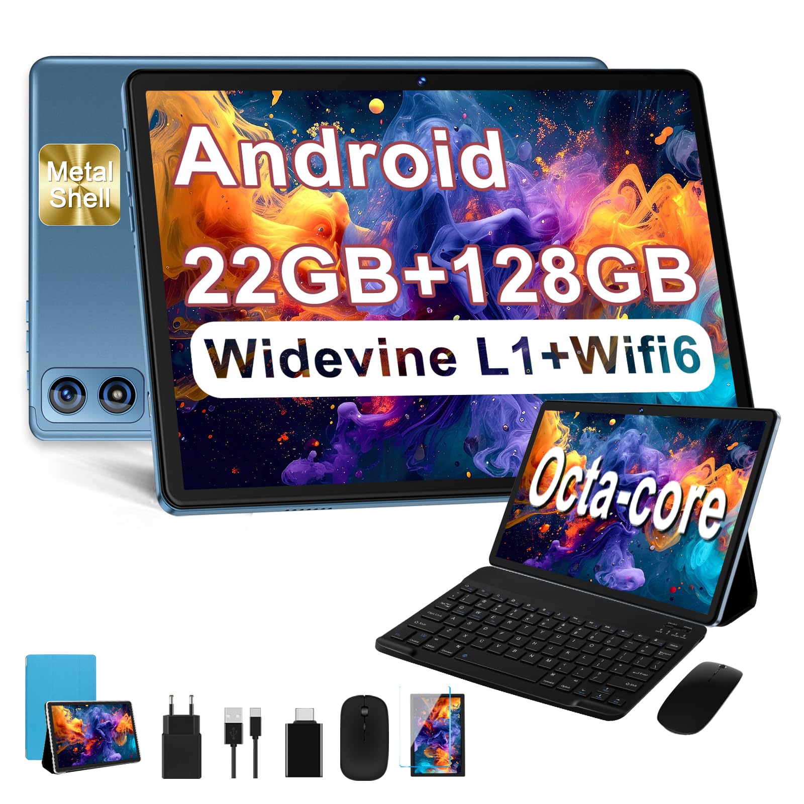 Tablet 10 Pollici, 128GB ROM/TF 2TB, 8000mAh, con Tastiera - Blu | Chermo IPS HD, Widevine L1, 22GB RAM, 8-Core CPU, WLAN 6, BT5.0, 3D Face ID, GPS, camera 5+8MP. Mouse e cover incluse.