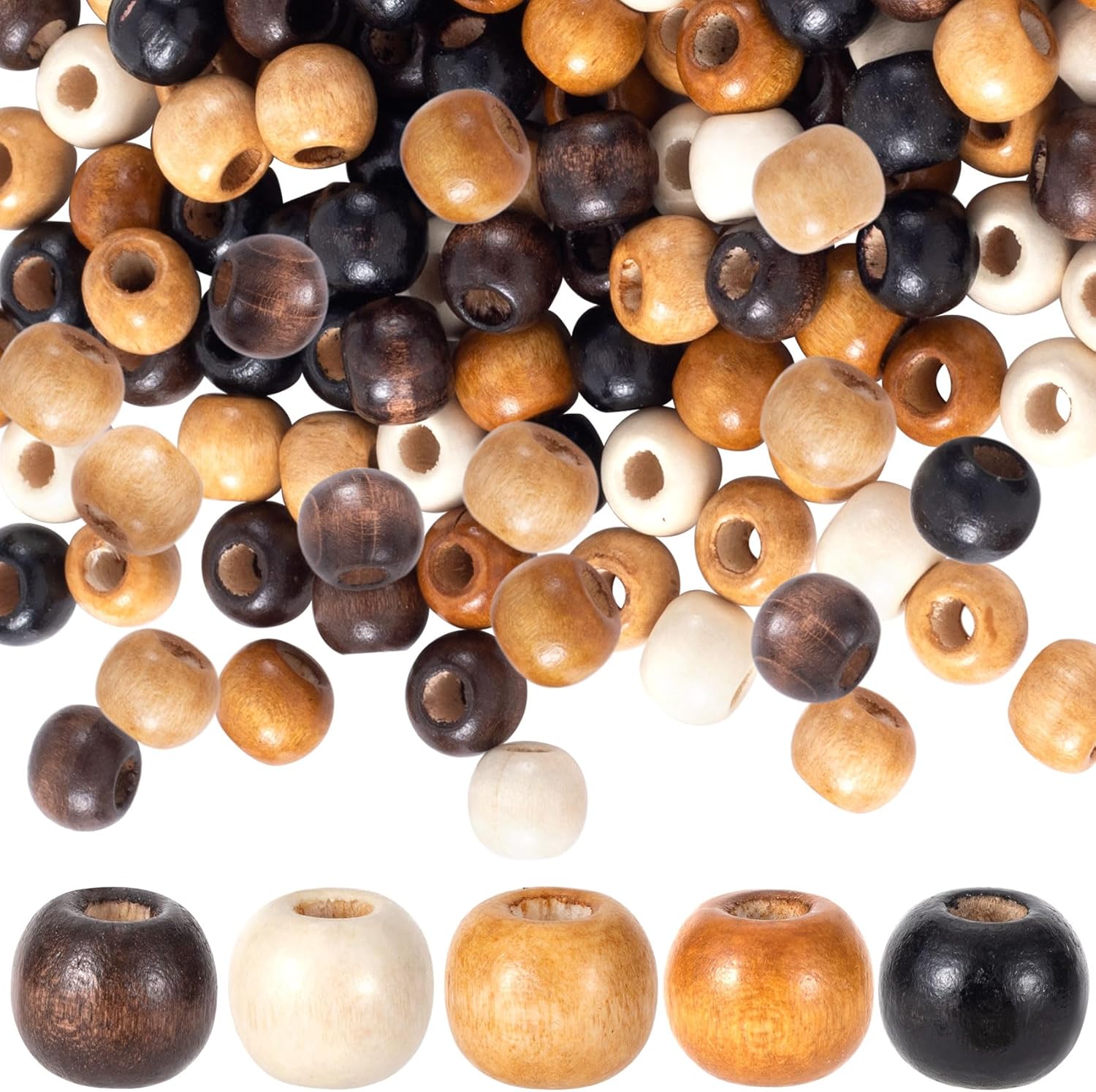 130pcs Wooden Beads for Crafts, 9x10mm Large Hole Beads for Hair, Vintage Wooden Spacer for Keychains Garland Necklaces Bracelets Pendant Tassels- 5 Colors