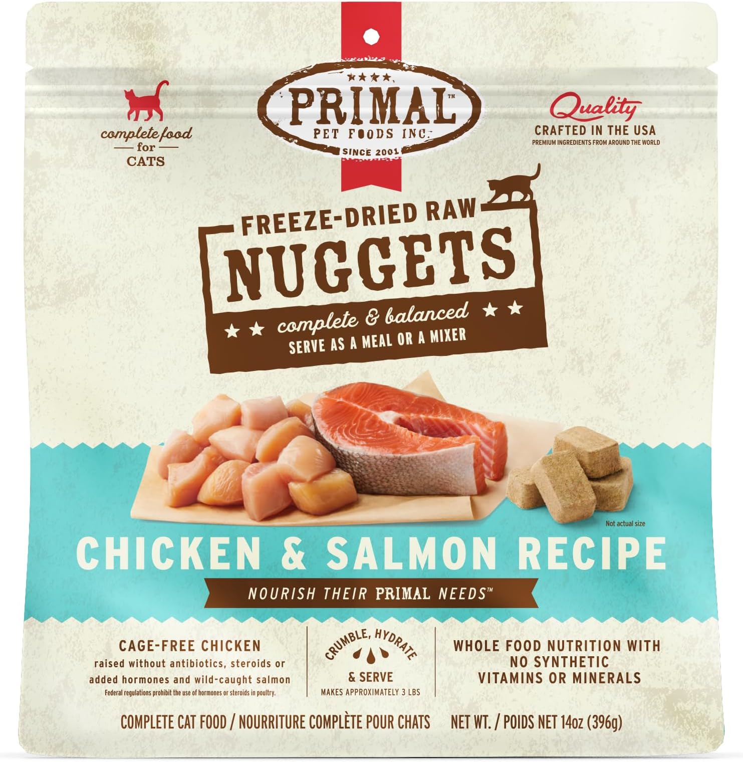 Primal Pet Foods Freeze Dried Cat Nuggets Chicken & Salmon; Complete & Balanced Meal or Topper; Premium, Healthy, Grain Free, High Protein Raw Cat with Probiotics (14 oz)