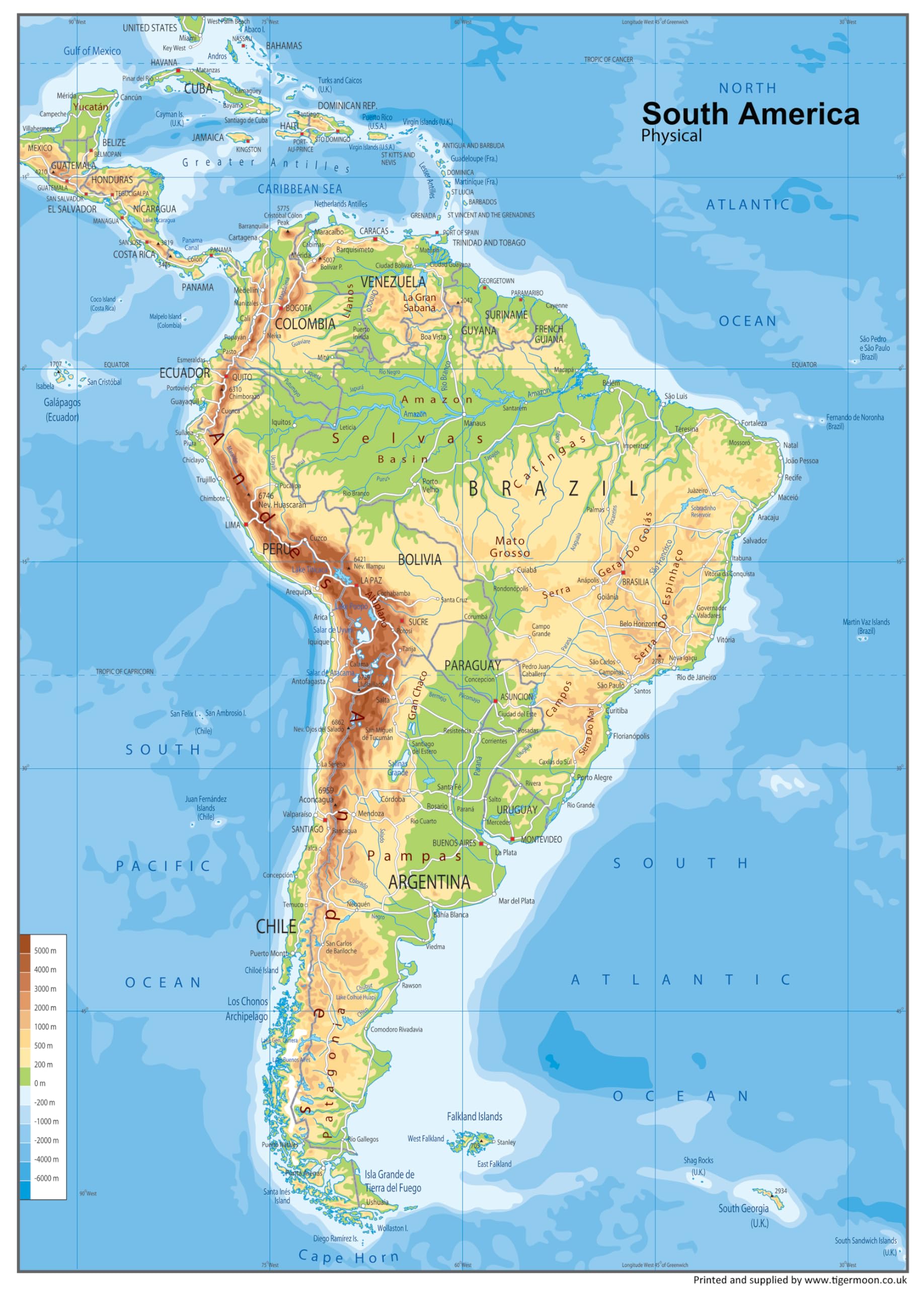 South America Physical Map - 23.3 x 16.5 Inches - Paper Laminated