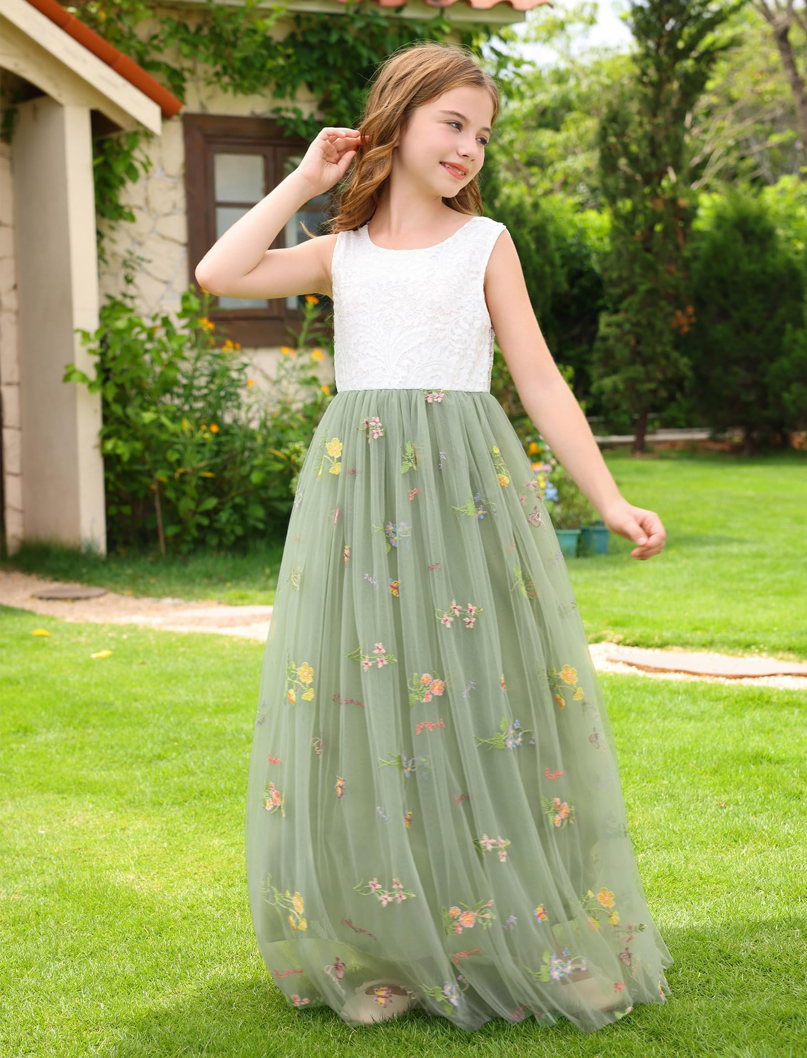 Vestido de encaje elegante sin mangas para niña, con espalda en V, tul, fiesta, maxi vestido para niña, boda, dama de honor, primera comunión, cumpleaños, princesa