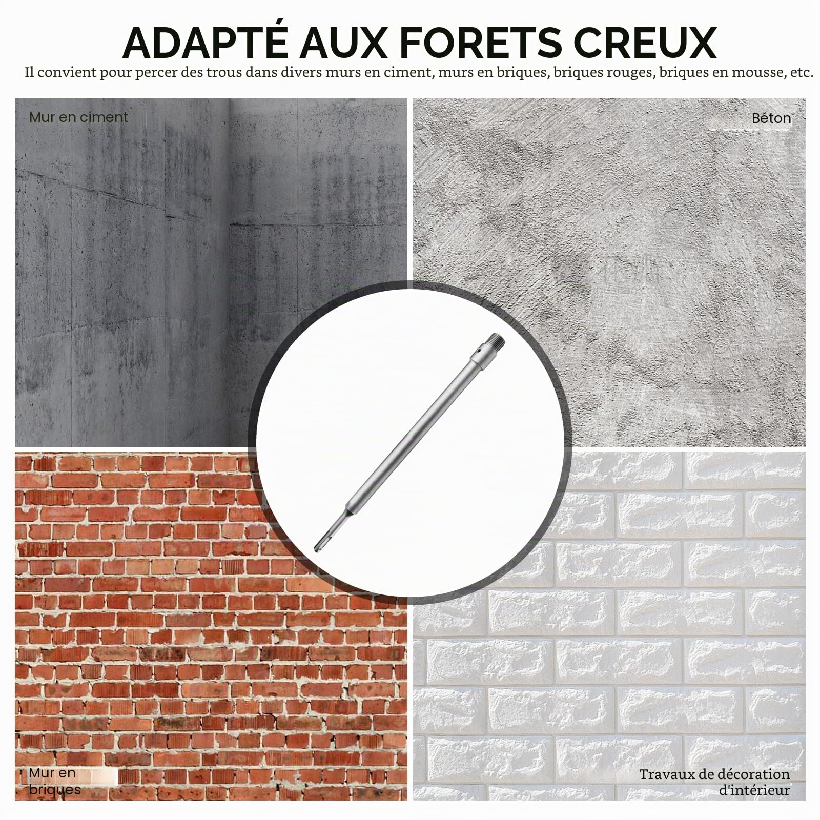 PORFOYO, Tige d'extension pour couronnes, 410 mm, SDS Plus, M22 x 2,0 mm, foret de centrage, vis de fixation