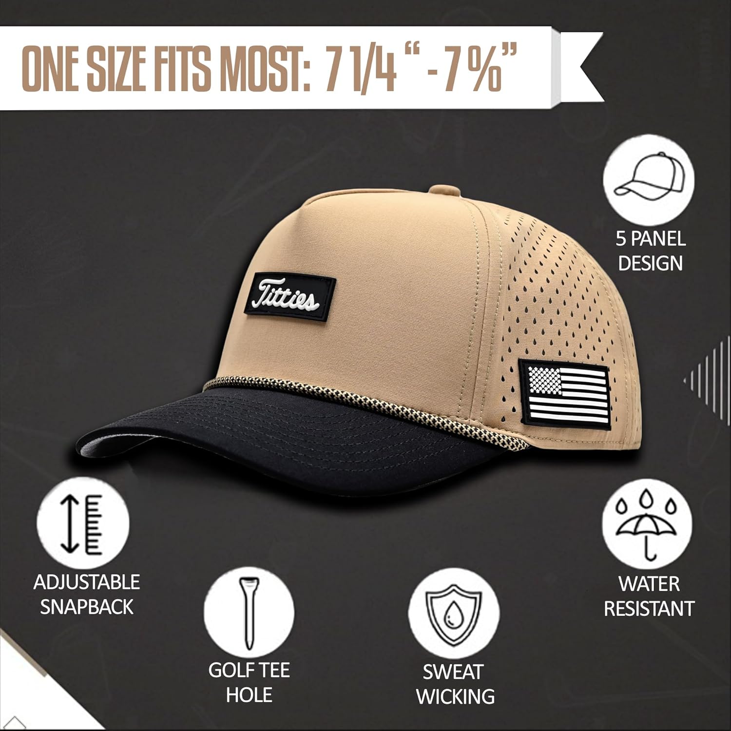 Curves & Clubs Titties Golf Hat – Tan Funny Golf Hat for Men, American Flag Patch, Adjustable Snapback, Breathable Mesh, One Size Fits All