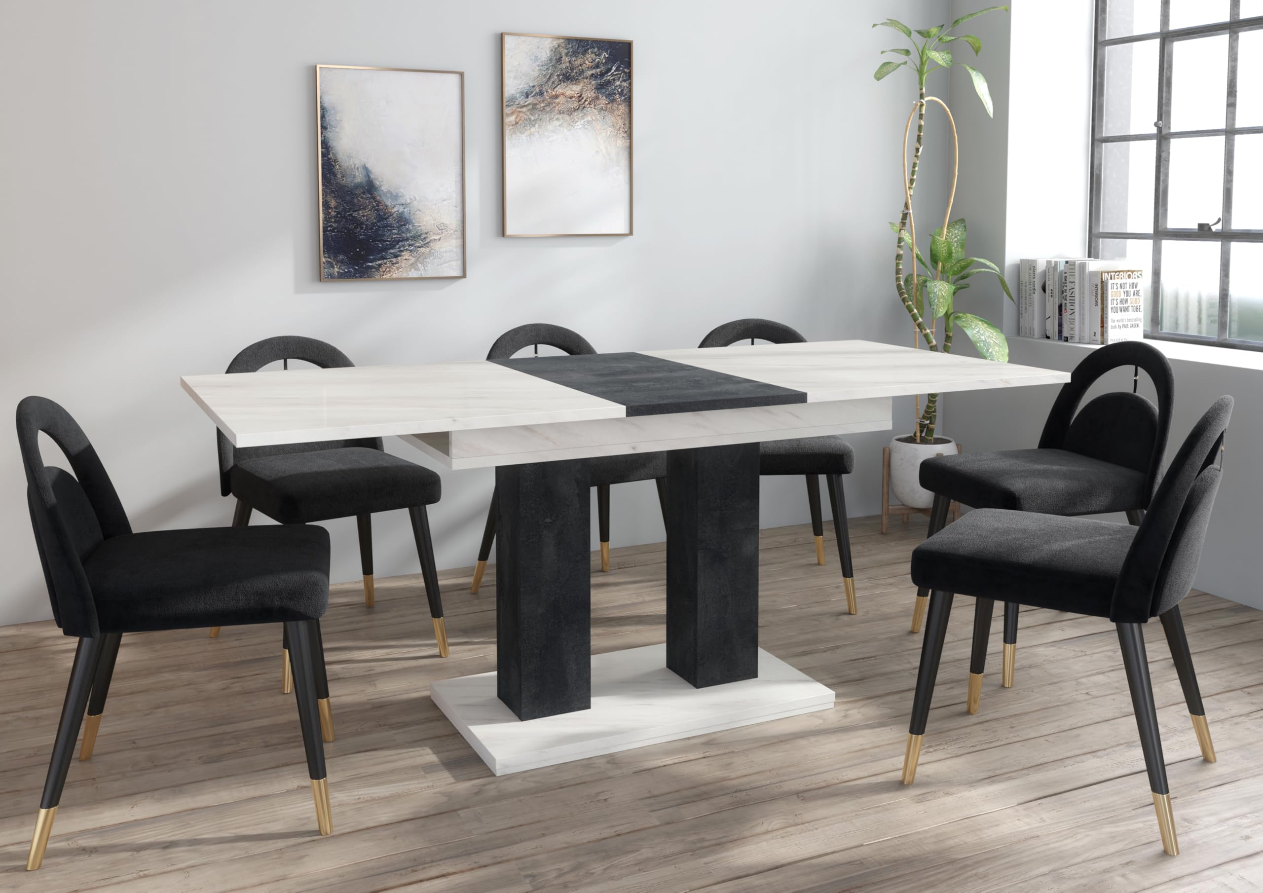 Furneo Modern Dining Table Extendable 140-180cm White Marble & Black Concrete...