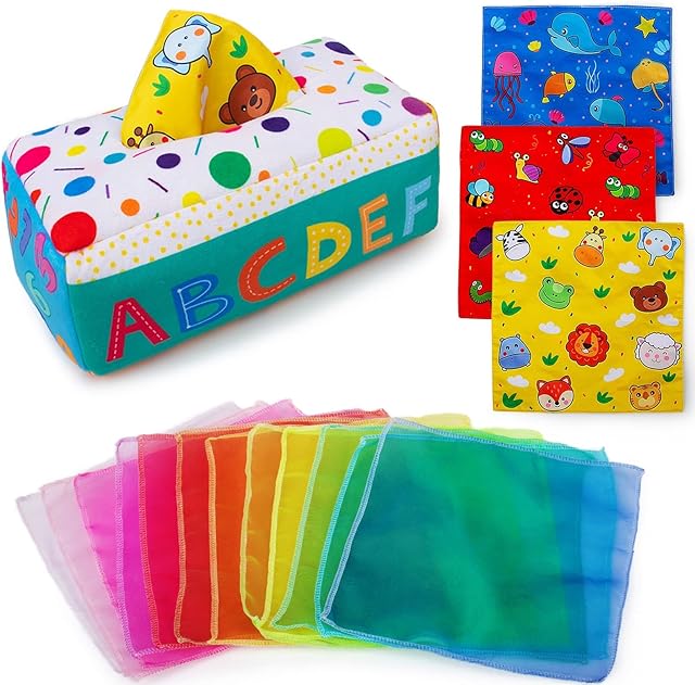 teytoy My First Baby Tissue Box, Soft Stuffed High Contrast Crinkle Montessori Square Sensory Toys Juggling Rainbow Dance Scarves for Toddler, Infants, Newborns and Kids Educational Preschool Learning