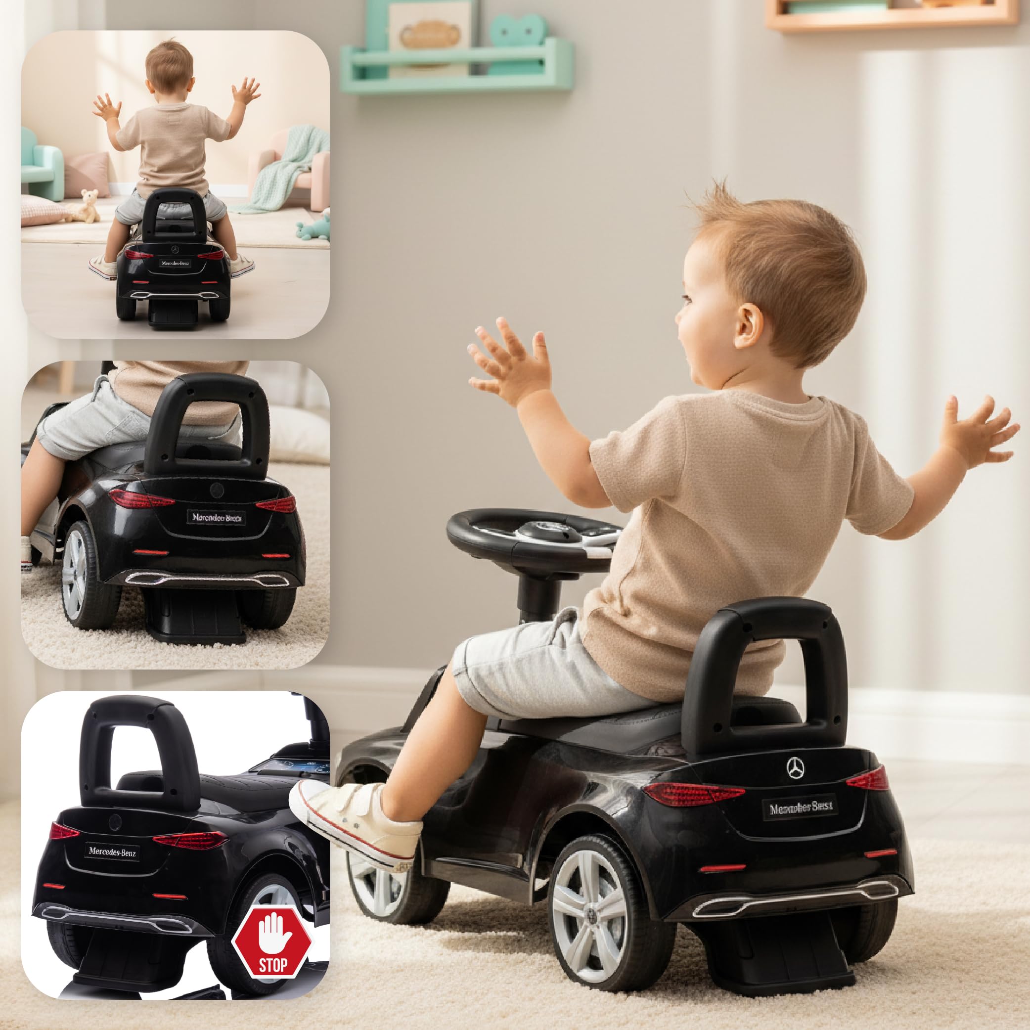 Porteur Enfant 1 an Mercedes AMG C63 Coupe S voiturette, Interactive avec klaxon et Sons de Moteur Push Car (Noir)
