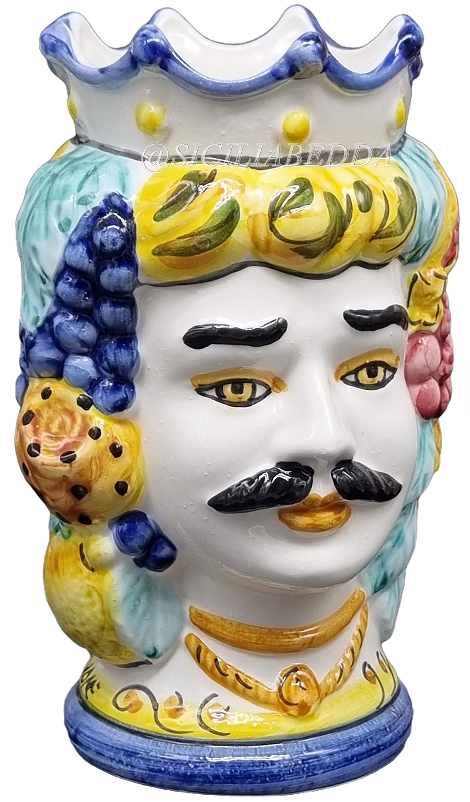 sicilia bedda - SICILIANE Brombeerköpfe aus Keramik aus CALTAGIRONE - Handgefertigt - Höhe 18 cm (Herren, blaue Krone)