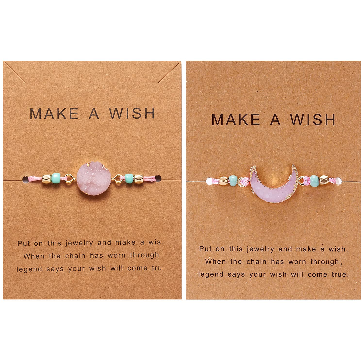 HUJUON 2Pcs Hand Woven Natural Colorful Stone Bracelet Set,Adjustable Beaded Sun Moon Beach Bracelets Wish Paper Card for Women Girls Couples Friendship