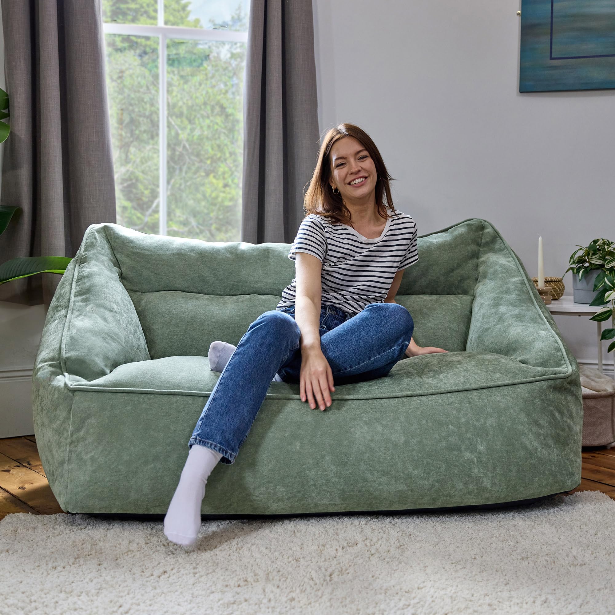 Icon Cecilia Sitzsack Sofa, Salbeigrün, Flauschiger Chenille Stoff, 2 Sitzer Sofa für Erwachsene, Riesensitzsack mit Füllung, Bequemer Sessel, Lounge, Wohnzimmer, Deko Wohnzimmer