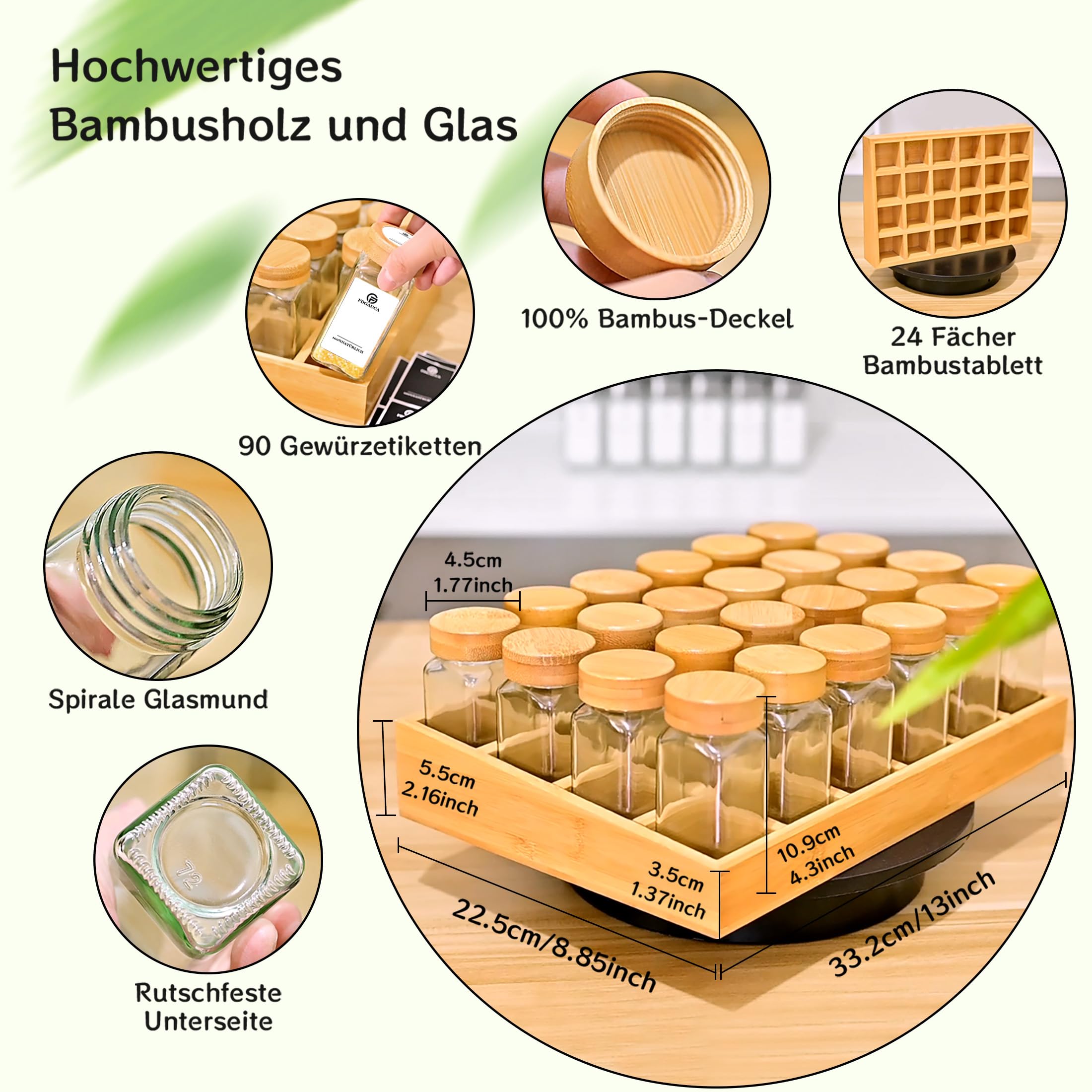 Umweltfreundliches Gewürzregale Holz mit 24 Bambusfächern | 24 120ml-Gewürzgläser Drawer Organizer | Gewürzregal mit Gläsern Gewürzetiketten | Gewürzregal Stehend | Gewürz Organizer