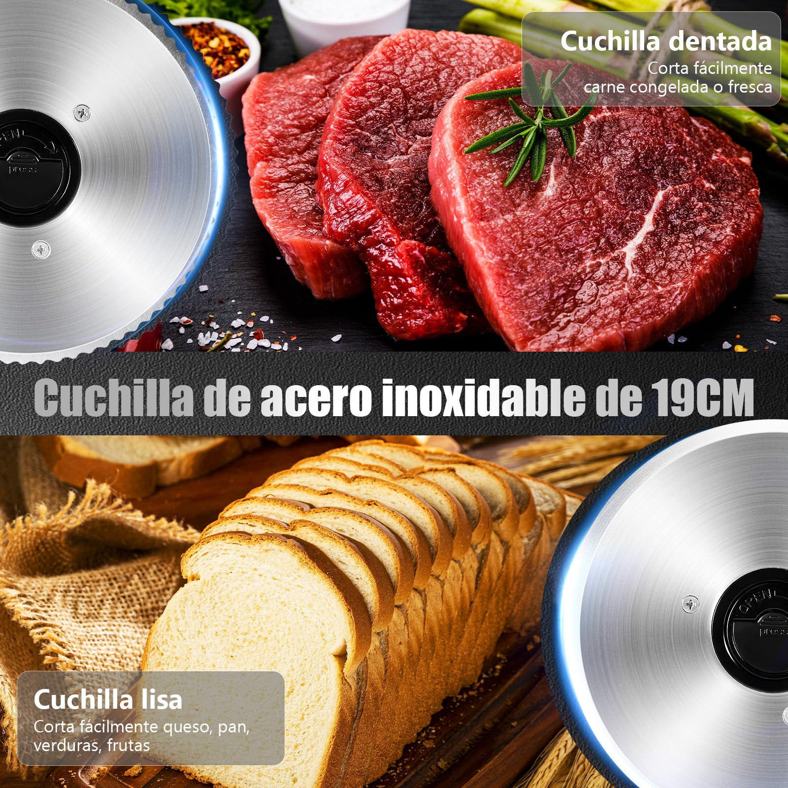 YASHE Cortadora De Fiambre Con Motor DC Silencioso, Cortafiambres Eléctrico Para Jamón 200W, Cuchillas De Acero Inoxidable Duales De 19CM, Grosor Ajustable De 0-15mm Para Carne, Queso, Pan Y Verduras