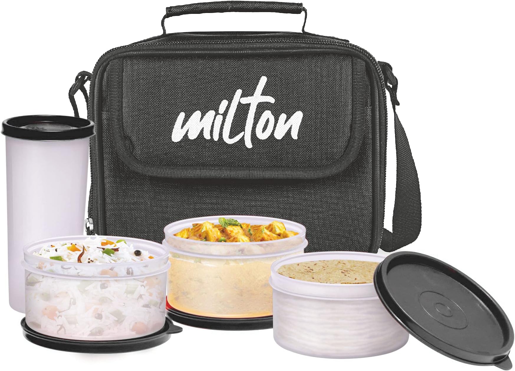 MILTON New Meal Combi Lunch Box with Insulated Fabric Jacket, 3 Microware Safe Plastic Containers 280 ml Each & Tumbler with lid 400 ml, Leak-Proof Tiffin for Office, College, Picnic, Black