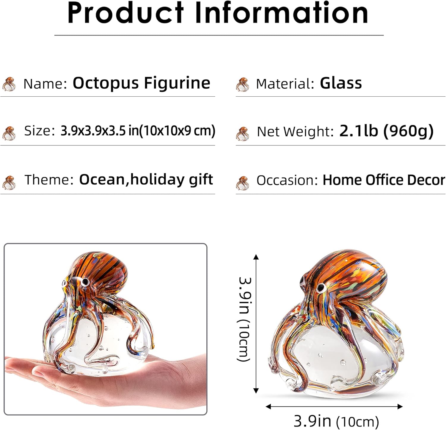 EUSTUMA Hand Blown Glass Octopus Figurine Ornament,Sea Animal Ornament for Fish Tank Aquarium,Sea Animals Collection for Birthday Gift,Glass Office Paperweight for Desk. - Image 2