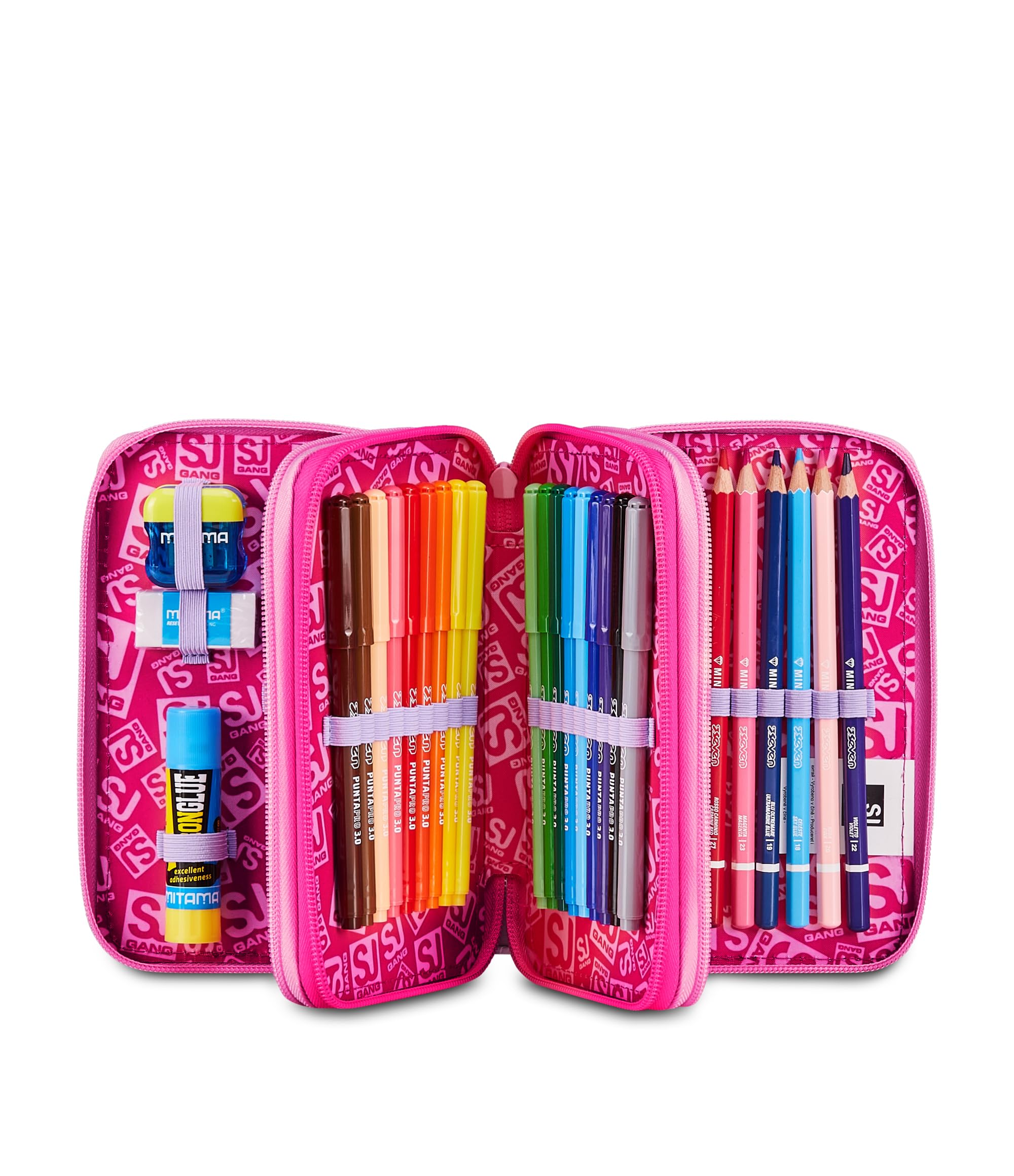 SJ GANG STYLE JAM GANG Astuccio Scuola 3 zip SOFT POUCH GIRL, Rosa, Triplo Scomparto, 45 pezzi, Portapenne Attrezzato, Completo di matite, penne e colori, Accessori Zaino, Scuola elementare, Bambina