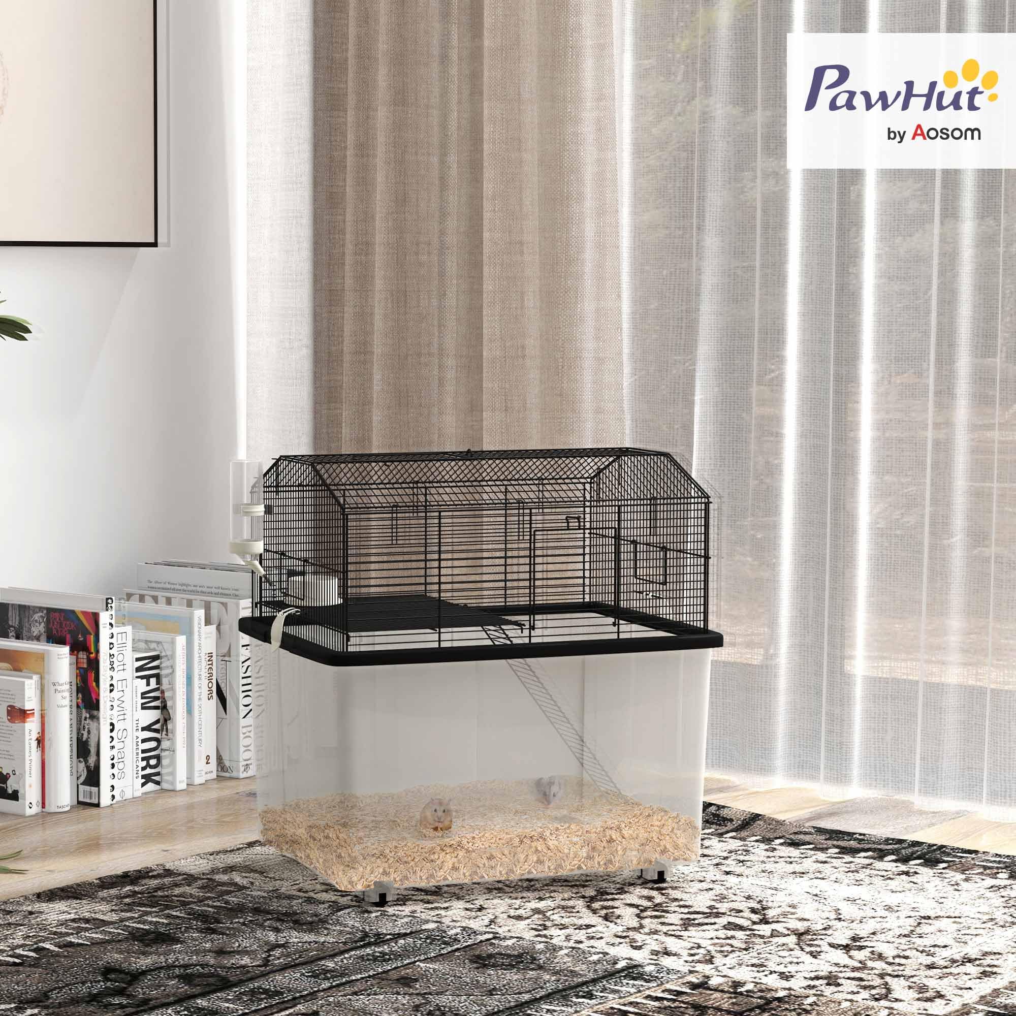 PawHut Gabbia per Roditori, 2 Piani, con Ruote, Piattaforma e Scala, per Criceti Nani, Siriani e Gerbilli, in Filo di Acciaio, 57 x 43 x 57 cm, Nero