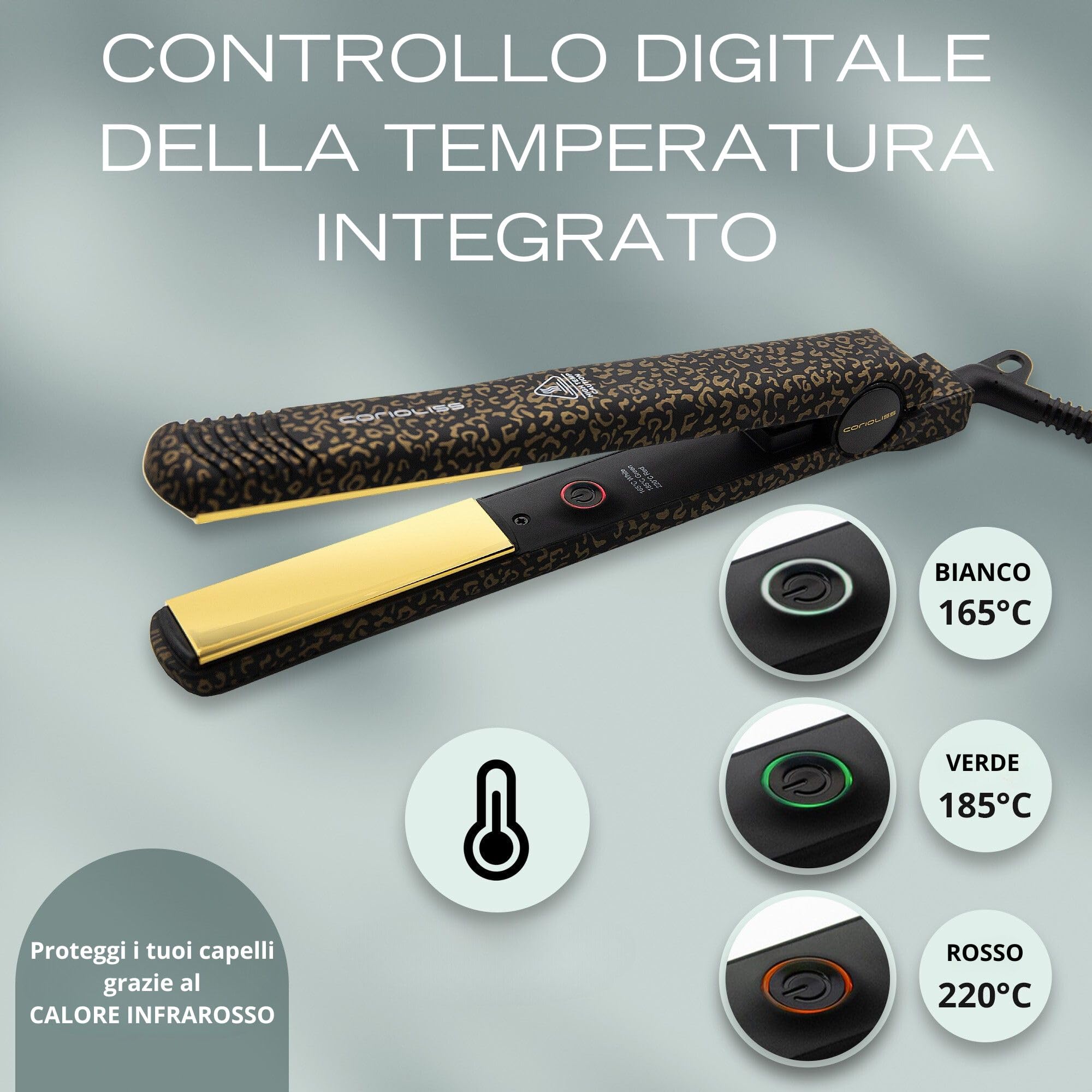Corioliss C-Style | Piastra per Capelli | Piastre in Titanio | Controllo Temperatura 165º-220º | Ioni | Onde e Liscio | Con Spazzola Paddle | Riscaldamento Rapido | Cavo Girevole | Leopard Gold