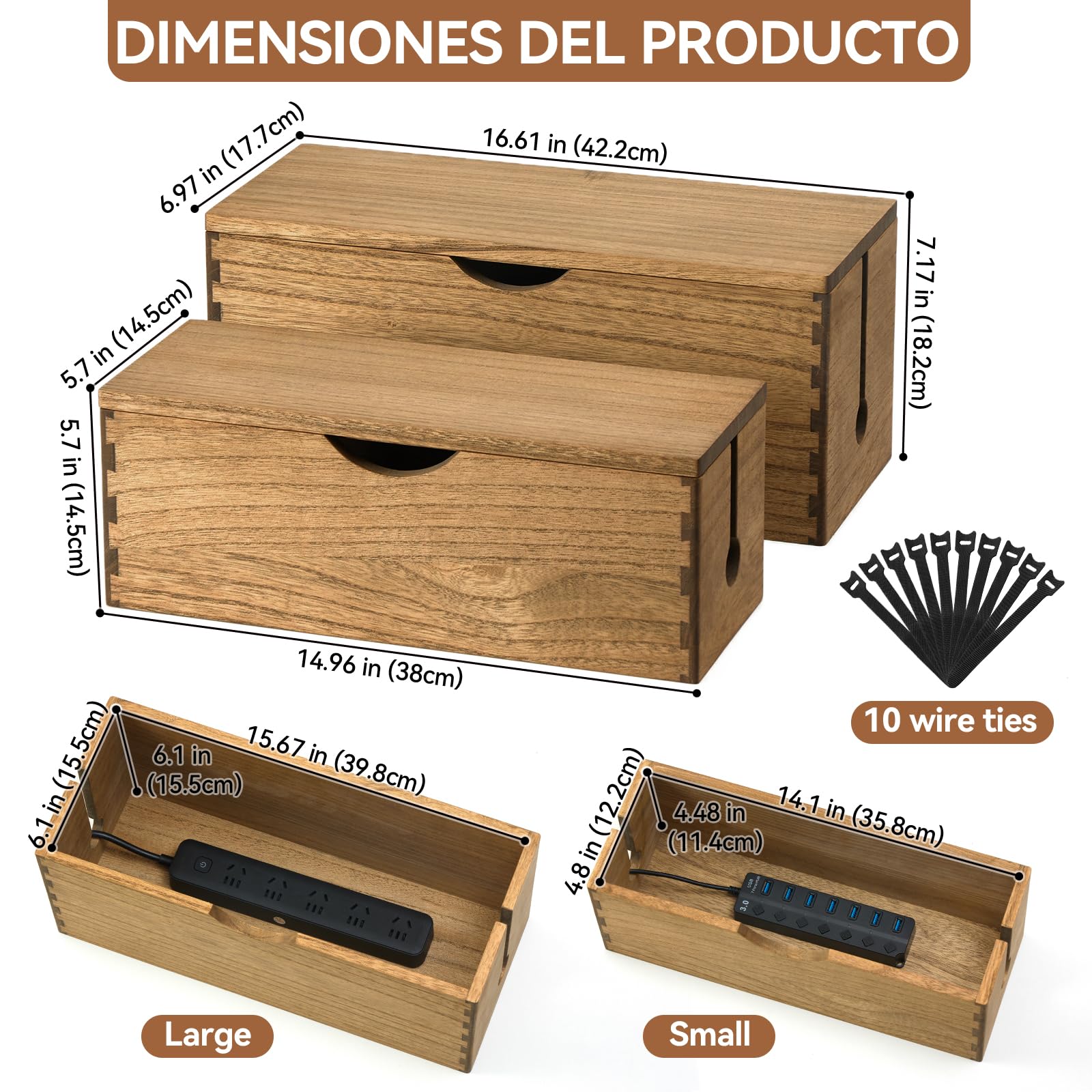 KIRIGEN Caja de Cables de Madera Maciza, Juego de 2 Caja de Cables Grande para enchufes, Cargadores y Almacenamiento de Cables, organización de routers Amarillo-marrón