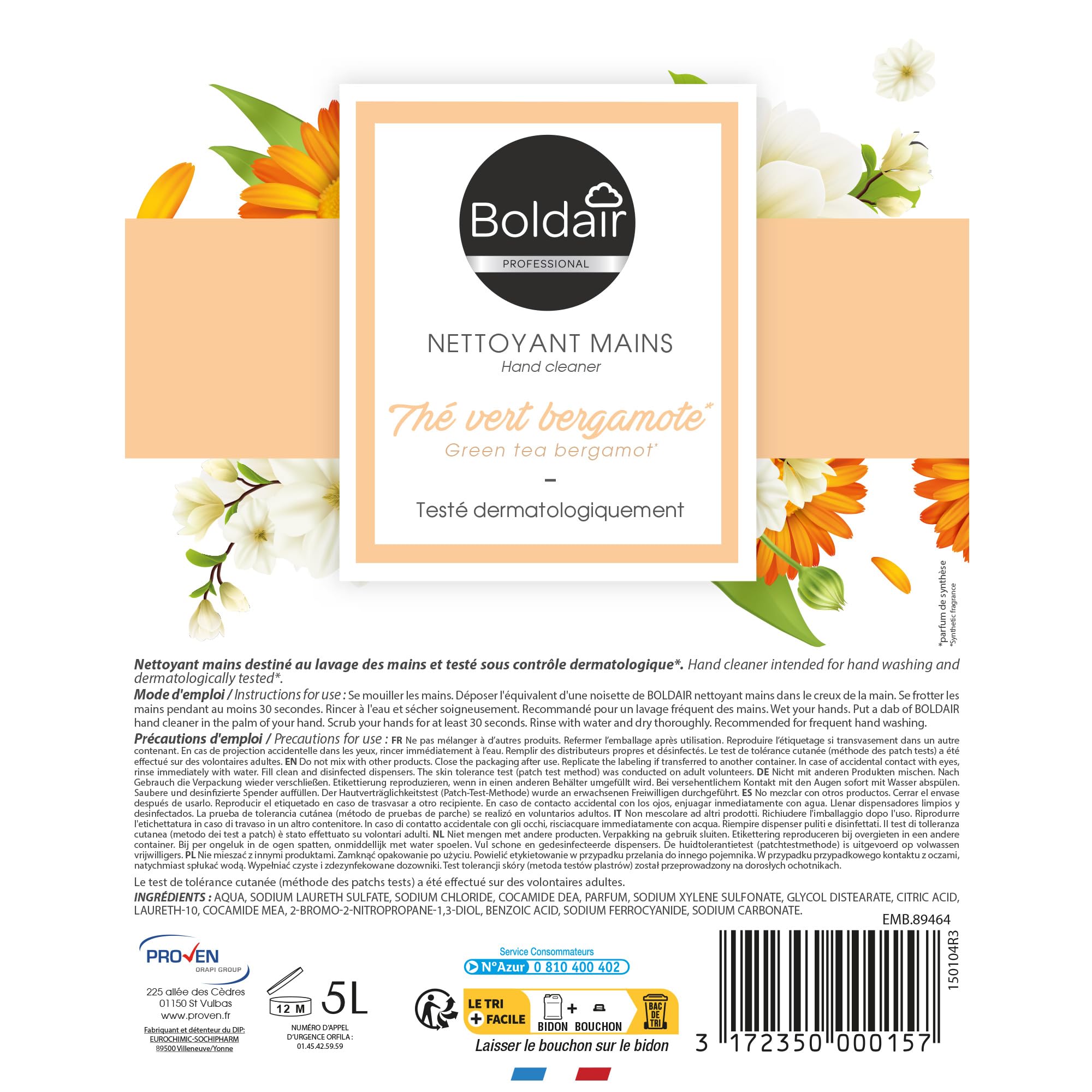 BOLDAIR Bidon de 5 litres de savon crème lavante Mains Thé Vert Bergamote 5L