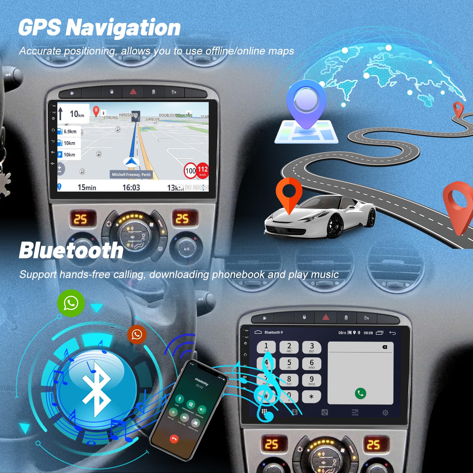 Autoradio pour Peugeot 308 408 2007-2015, [2G+64G] Autoradio Android à Écran Tactile avec sans Fil Carplay et Android Auto/Bluetooth/WiFi/Bluetooth/EQ/FM RDS Radio