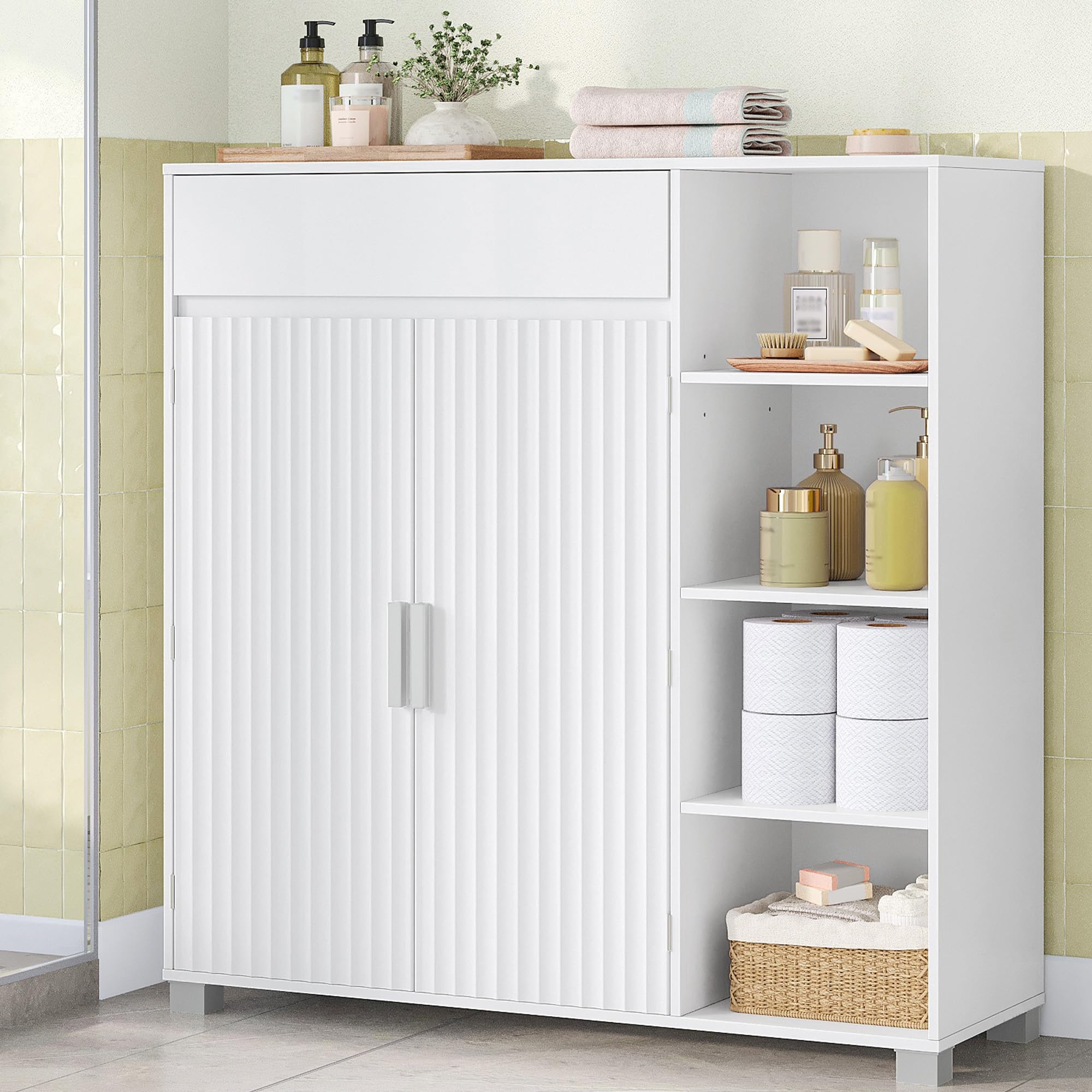 HEXCELEN Meuble de Salle de Bain, Meuble de Rangement, 100 x 103 x 30 cm, Armoire Salle De Bain avec 2 Portes, Compartiment Ouvert, 1 Tiroir, Étagères Réglables, Blanc