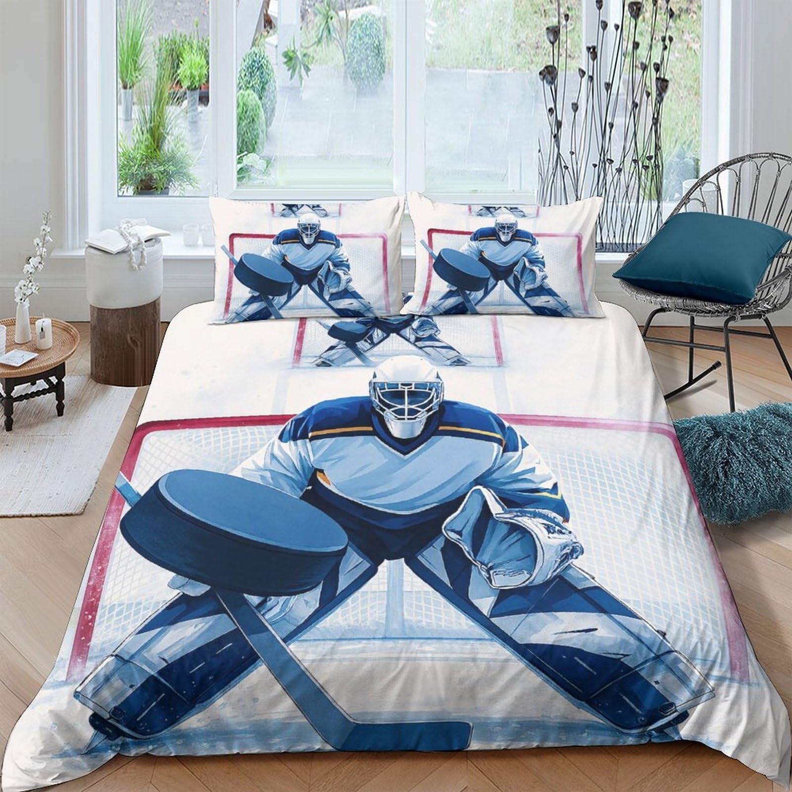 Ctjqhvkz Style-10 3D Printed Ice Hockey Goalie Fitted Sheet Microfiber Soft Blue Sports Mattress Cover Bedroom Dorm Decor Single（135X200cm）
