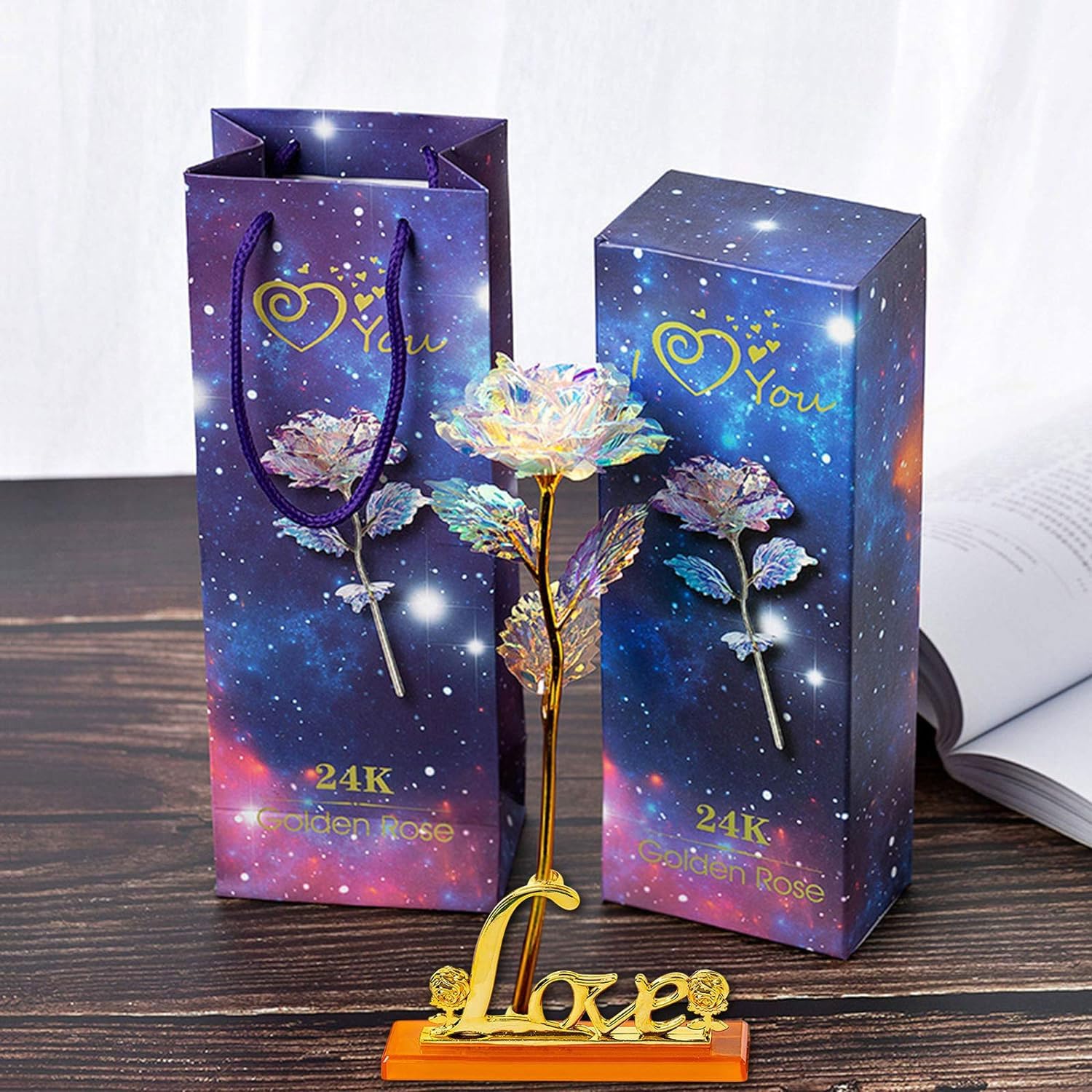 ARIATI Galactic Multicolored Rose with Love Stand for Mother from Son or Daughter. Perfect for Mother's Day, Birthdays, Anniversaries - Suitable for Moms, Wives, Daughters, Grandmothers