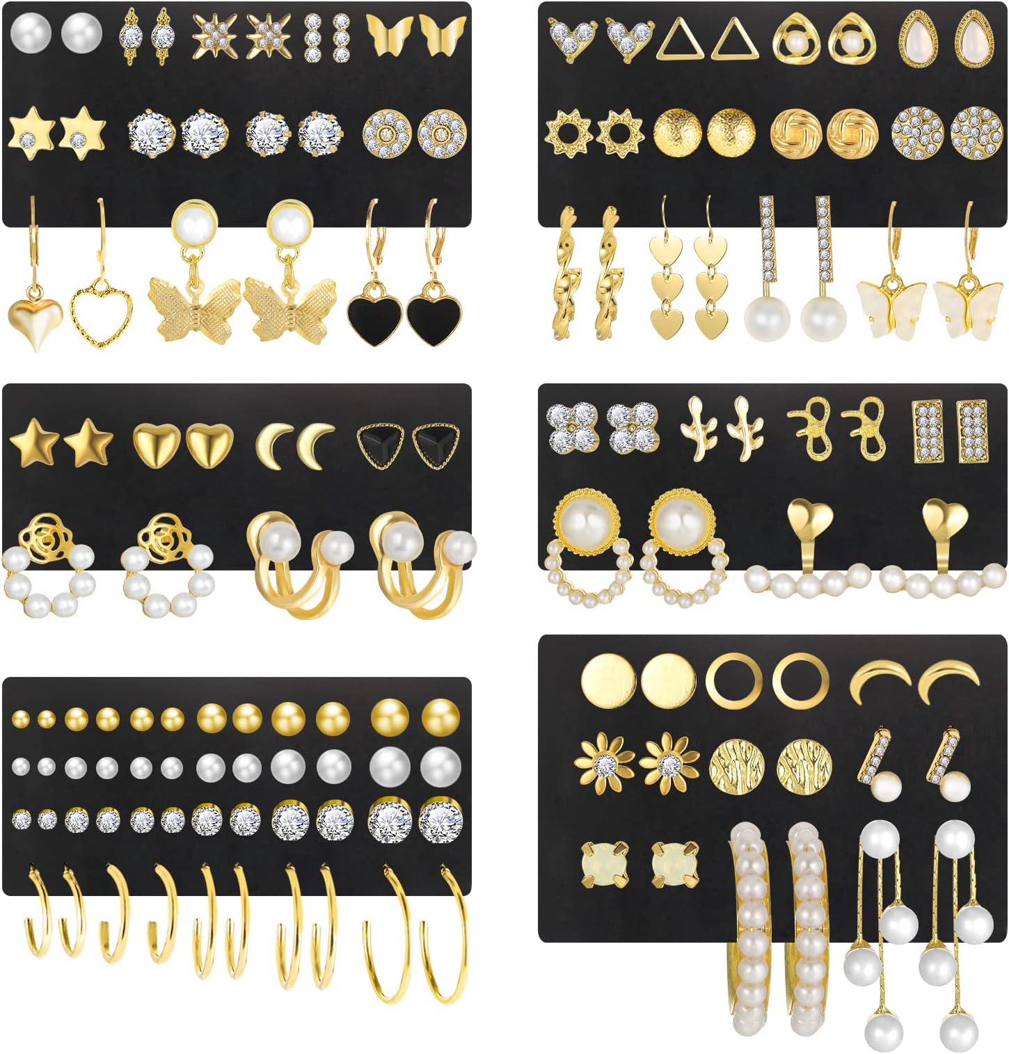 17KM68 Pairs Gold Stud Earrings for Women Multipack, Hypoallergenic Assorted Earring Set Multiple Piercings, Cubic Zirconia Pearl Butterfly Stud Hoop Earring Pack