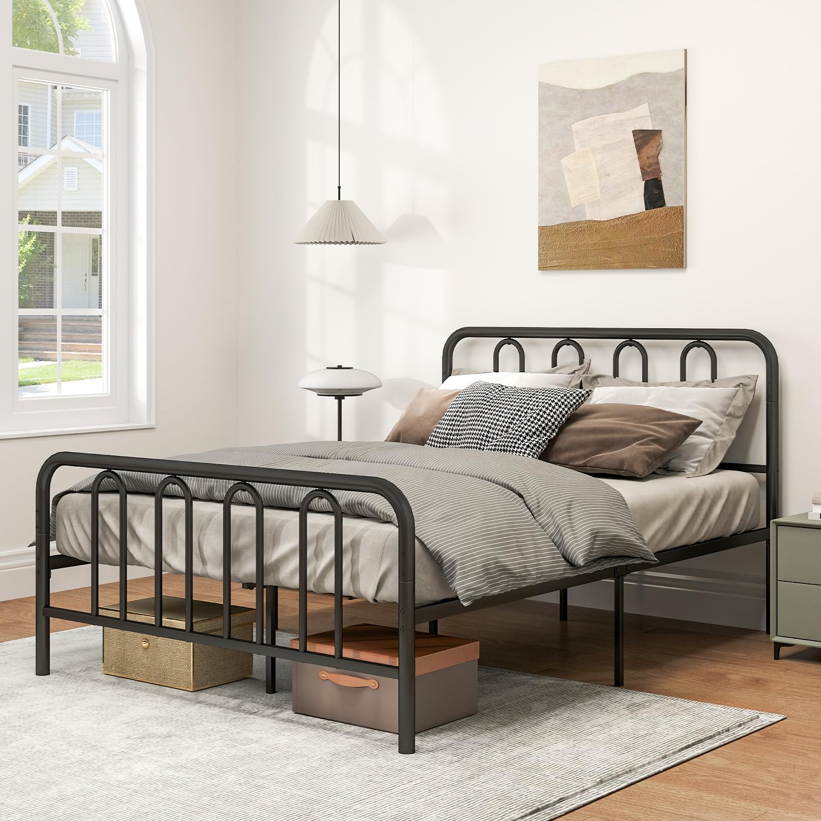 GOFLAME Full Size Metal Bed Frame with Headboard, Platform Bed with Metal Slats Support, Heavy-Duty Mattress Foundation, Under-Bed Storage Space, No
