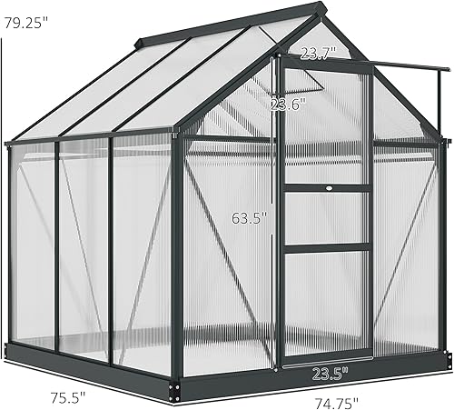 Miniatura 7 de Outsunny Invernadero de policarbonato de 6 x 6 x 6.5 pies, kit de casa verde de aluminio resistente para exteriores con canalón de lluvia,