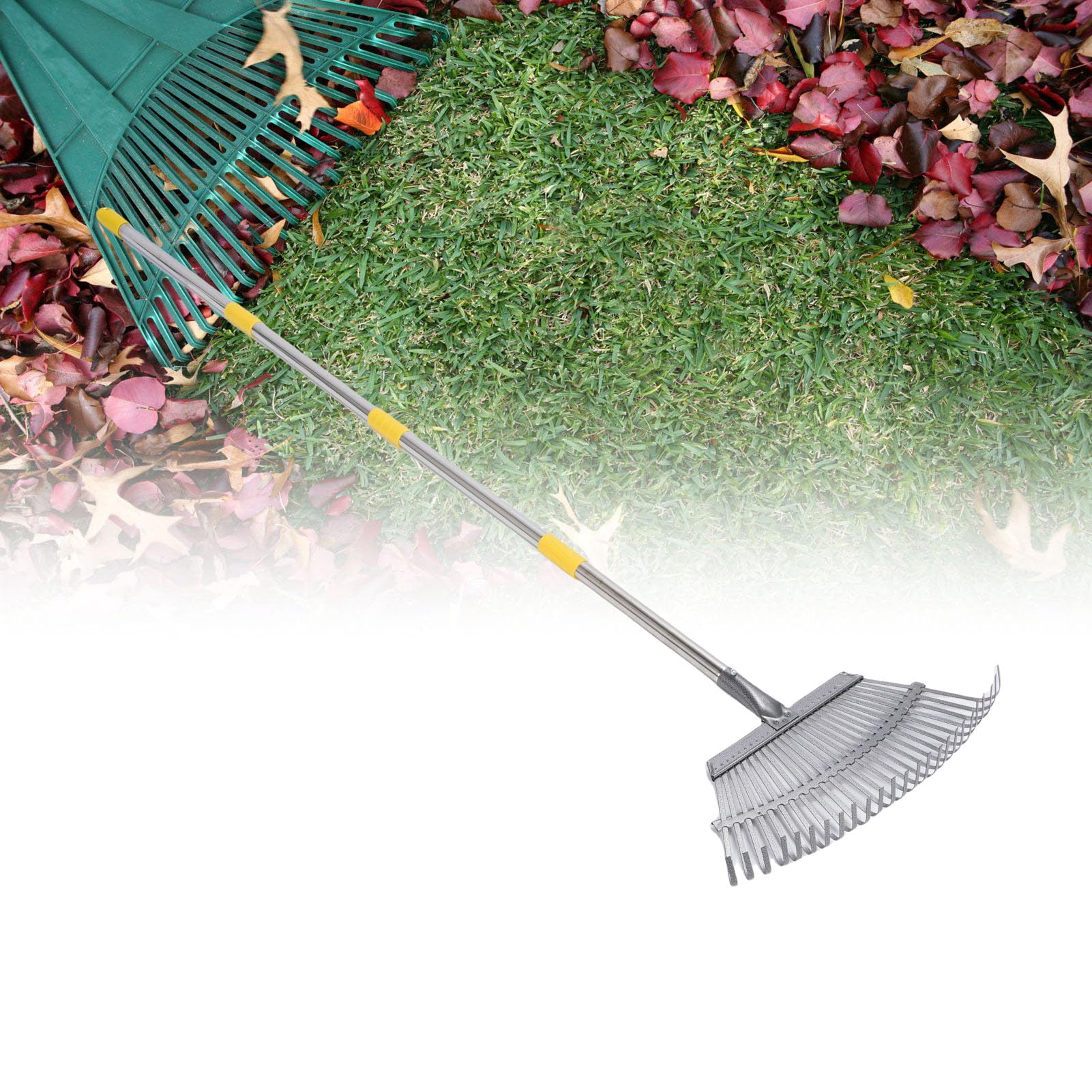 Rastrillo de jardín de hojas de metal, extraíble y ajustable, rastrillo de hojas resistente con bolsa reutilizable para patio exterior