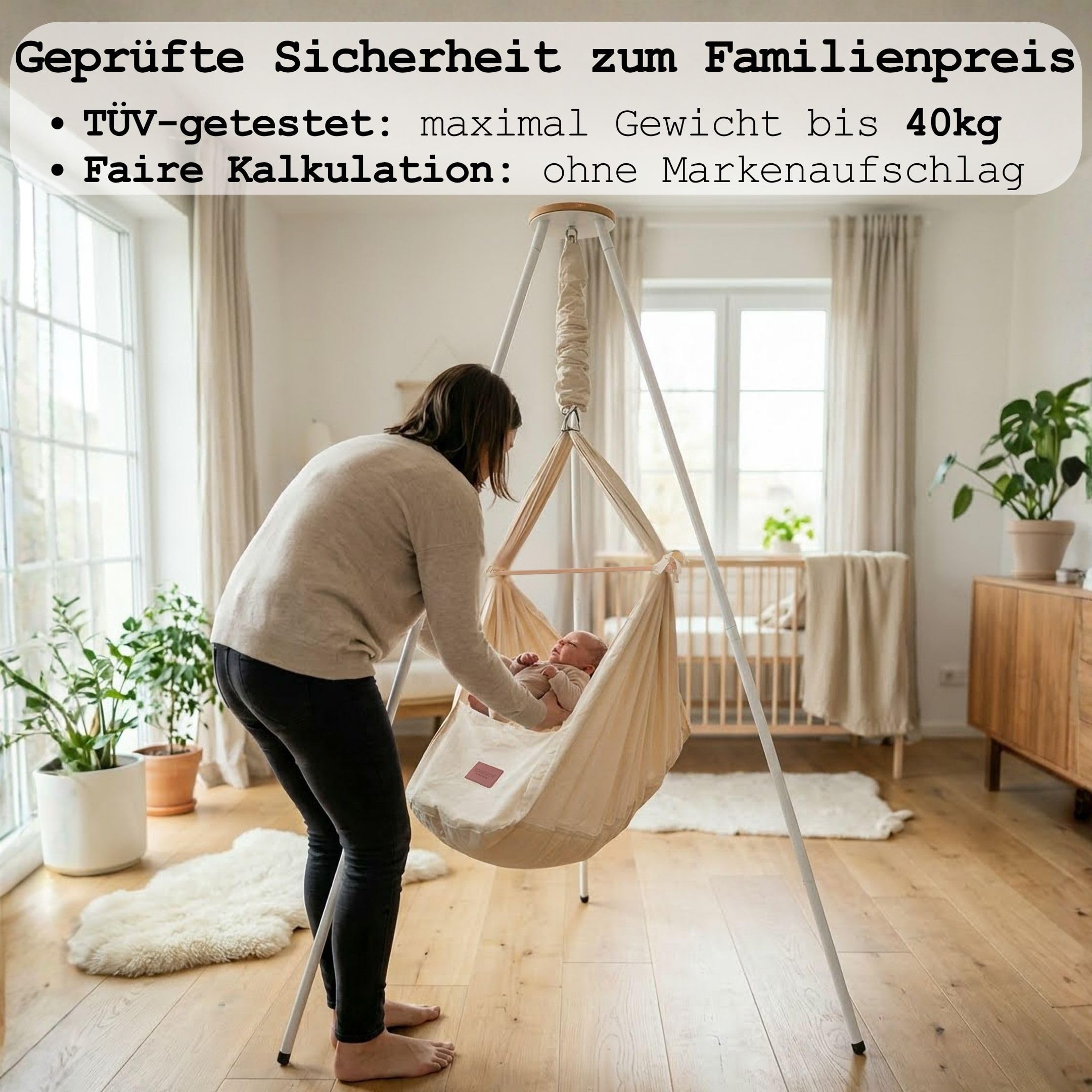 Honigbär Armature pour berceaux à ressorts, berceaux suspendus, hamacs pour bébé et transat | Pied | Testé TÜV | Acier inoxydable revêtu par pulvérisation – Blanc mat/chêne massif | Jusqu'à 40 kg