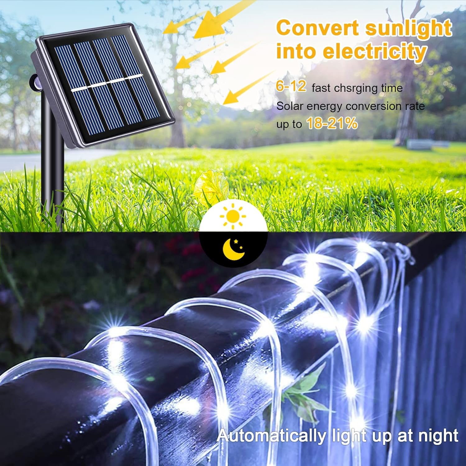 Suyoo Solar String Lights Outdoor Waterproof LED Rope Lights Christmas Lights 12M/39ft 100 LEDs 8 Modes Tube Light for Garden Wedding Party Christmas Decorations(White) - Image 2