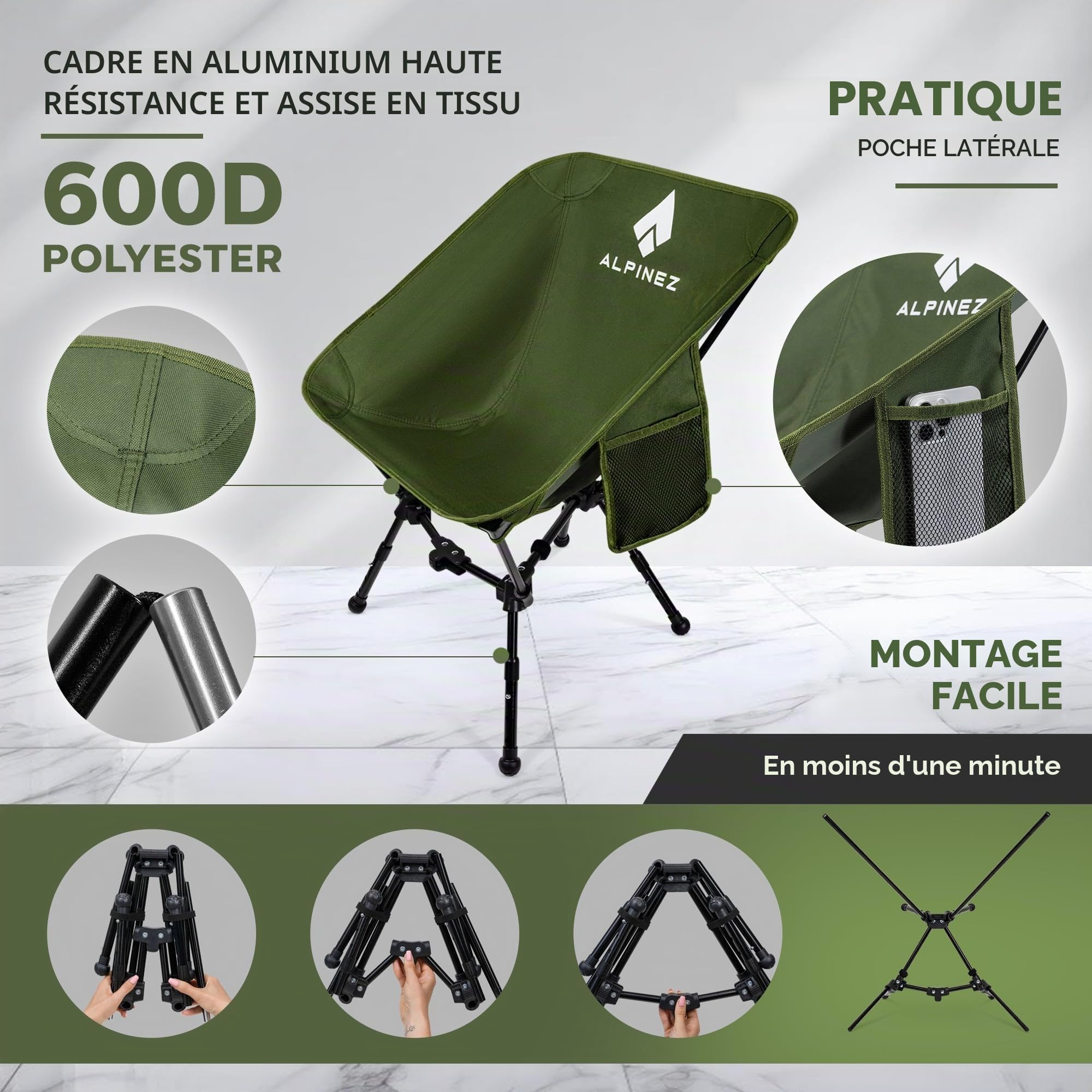 Chaise de camping pliable facilement réglable en hauteur - Vainqueur du test 2026 - Petite taille - Chaise de camping pliable - Chaise de pêche ultra légère - Chaise de camping - Chaise de plage