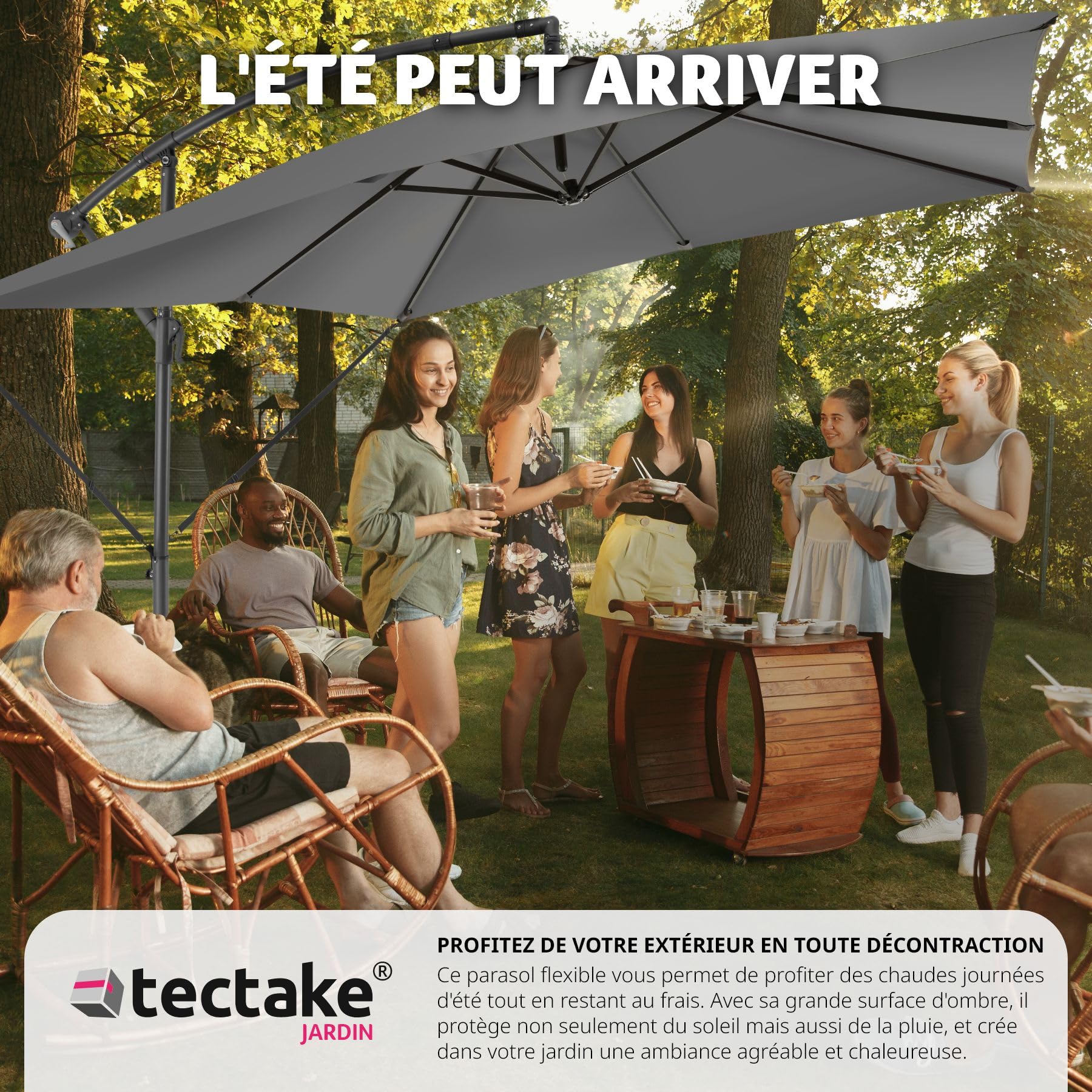 tectake® Parasol de Jardin Exterieur Parasol déporté à manivelle 2,5x2,5m, Inclinable, Protection UV 50+ Résistant au vent, Housse de protection incluse, Salon de jardin