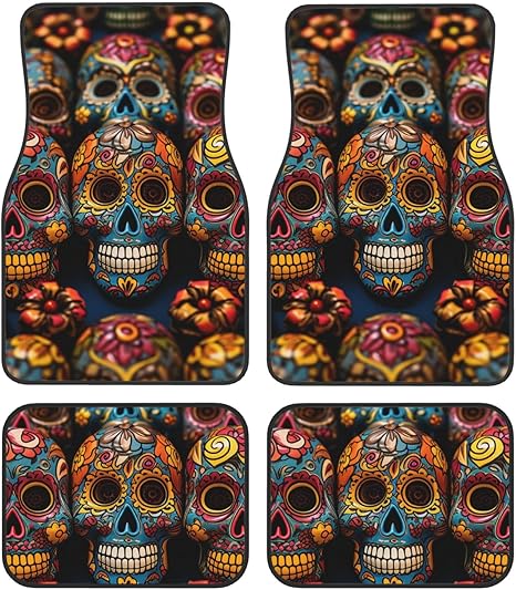 Car Floor Mats All-Weather Front Rear Foot Mat Sets of 4 Pieces Colorful Sugar Skulls Car Mats Full Set Non-Slip Automotive Carpet Interior Accessories Universal Car Foot Mats for Cars SUV Sedans