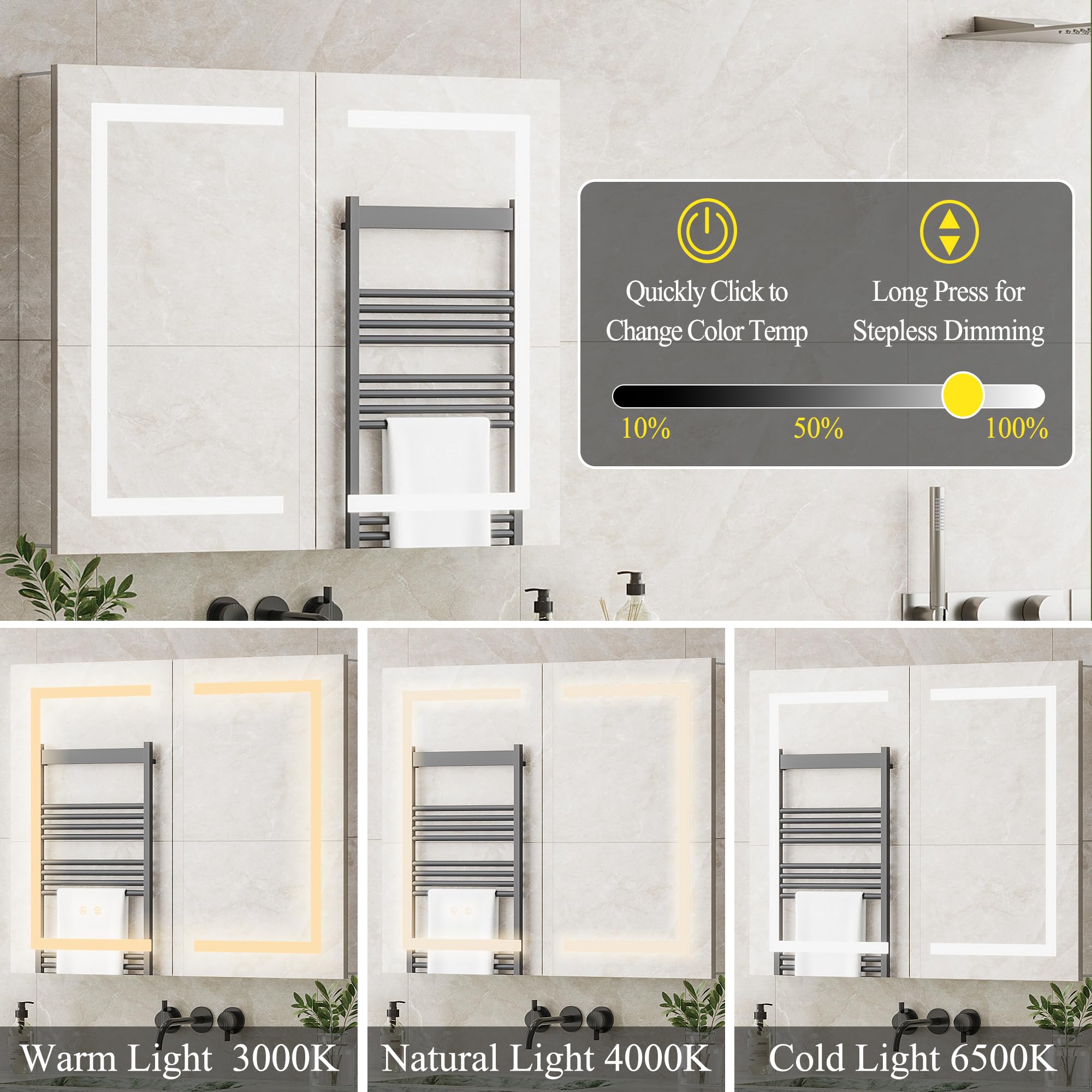 Armoire Salle De Bain 100% préinstallé avec Miroir LED Double Porte, Anti-Buée, Prise & USB, Étagères Réglables, Miroir Salle de Bain avec Rangement 80x60cm – Aluminium Inoxydable