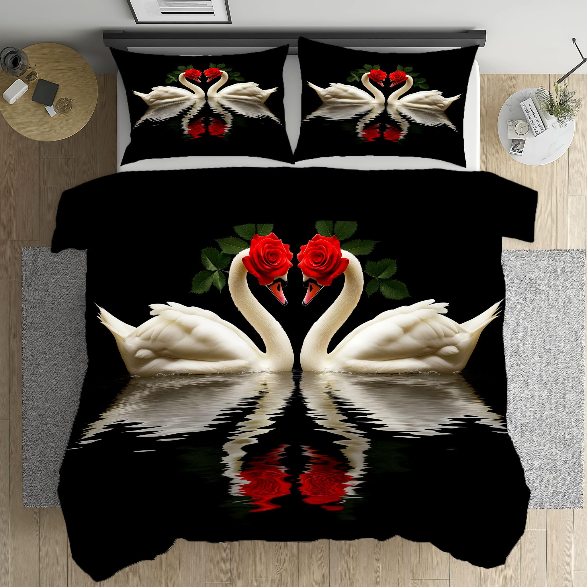 Schwan Pärchen Bettwäsche 220x240 3 Teilig, Rose Valentinstag Dekor | Wendebettwäsche, Modern Romantisch Bettbezug Bügelfrei, Trösterbezug mit Reißverschluss und 2 Kissenbezug