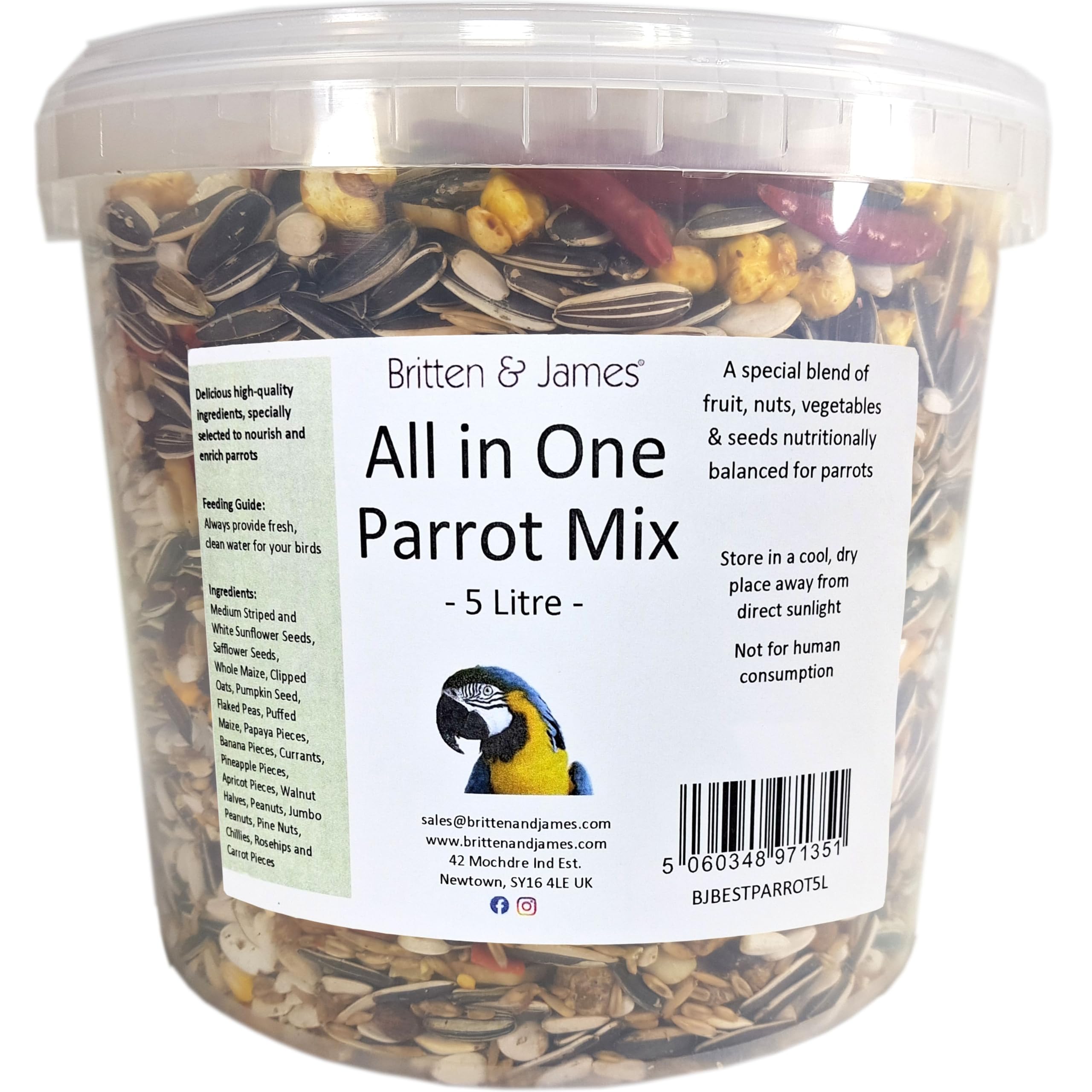 Best All In One Parrot Mix from Britten & James. 5 litre stay fresh tub. This superb mix has been created with no expense spared to be the very best balanced all in one food for your parrot