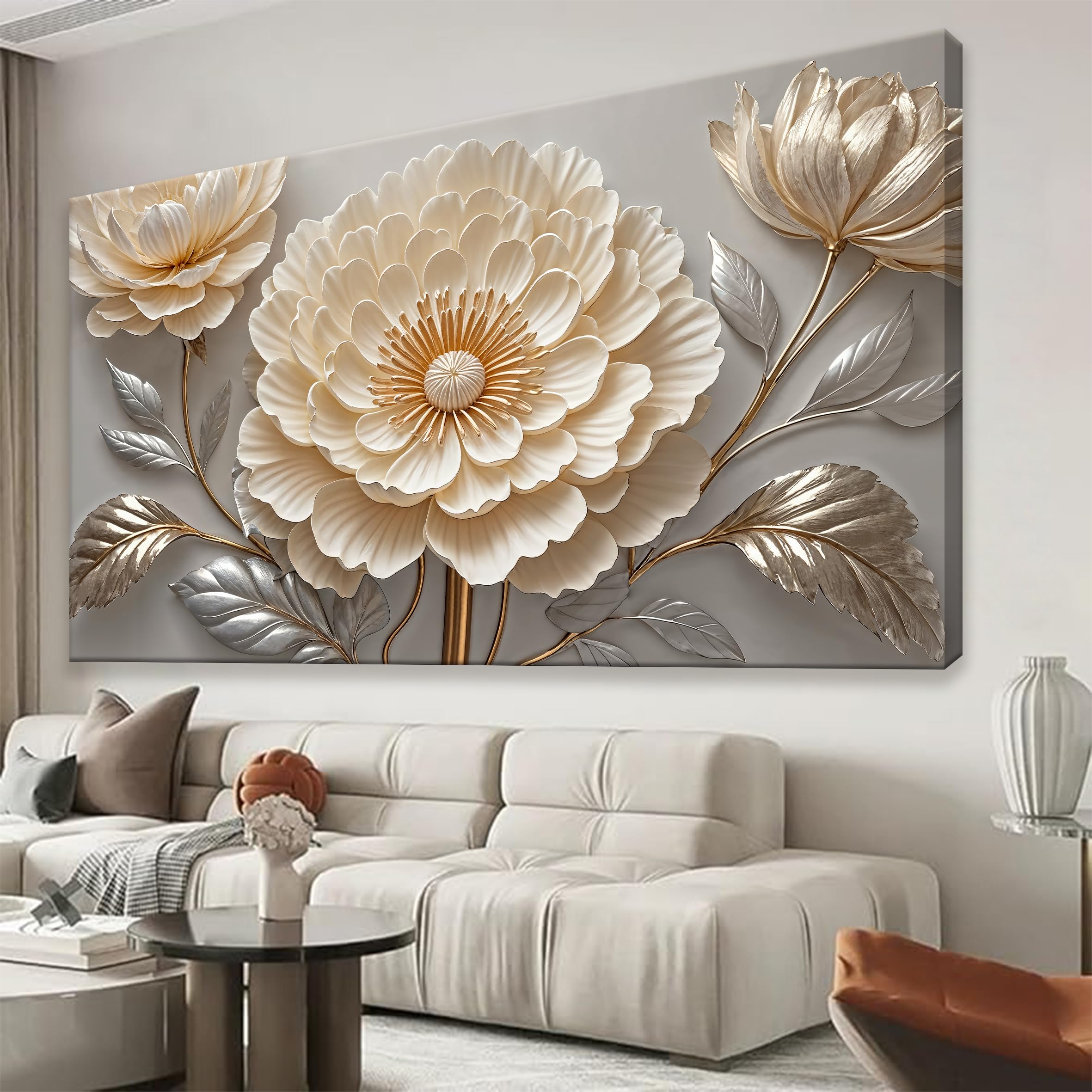 QSQ White Wall Art Mid Century Canvas Wall Art Decor White Flower Wall Decor Modern Painting Neutral Botanical