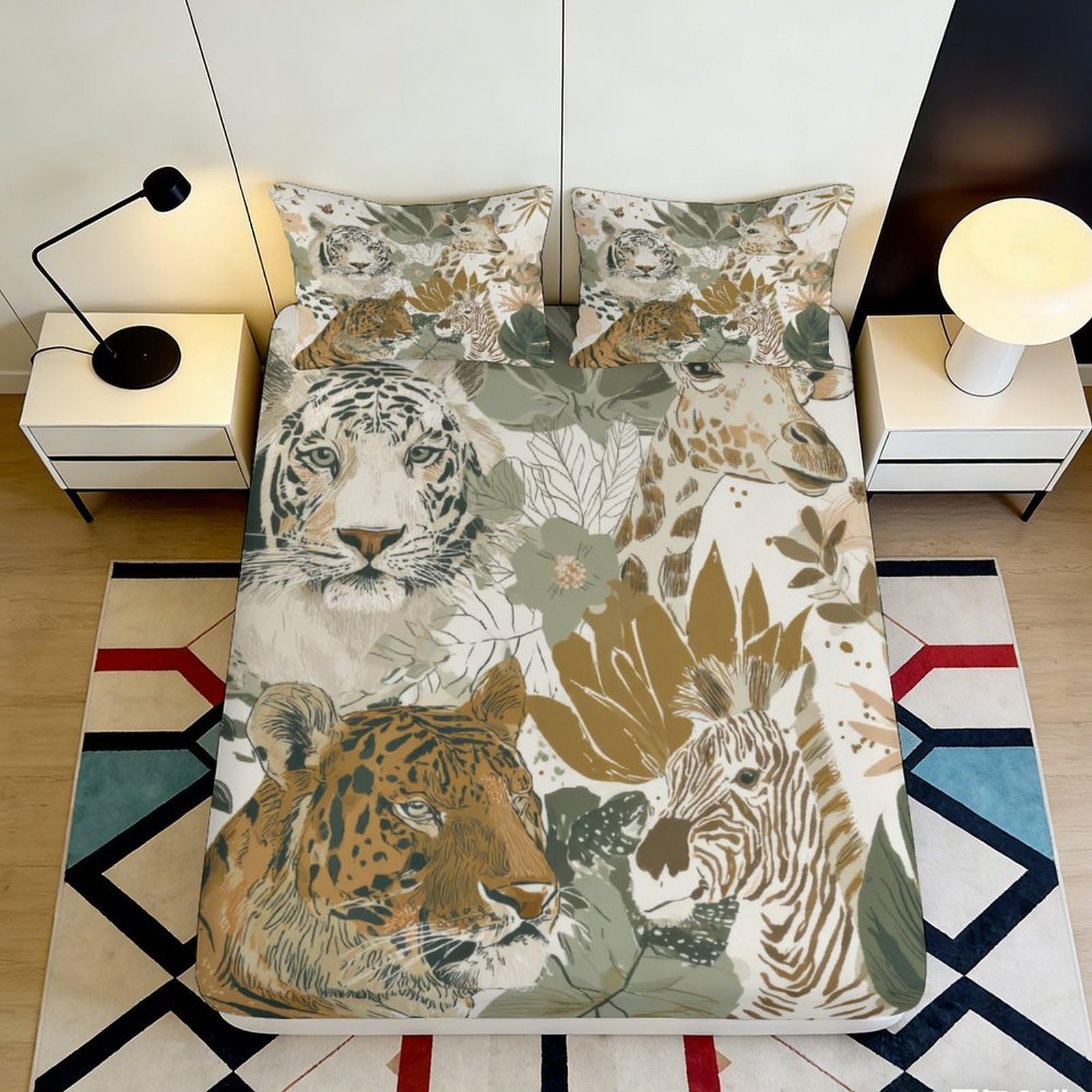 3D Printed Jungle Animal Fitted Sheet Microfiber Soft Breathable Safari Bed Cover for Bedroom Dormitory Guest Room Mattress Protection Decor 160x200x25cm