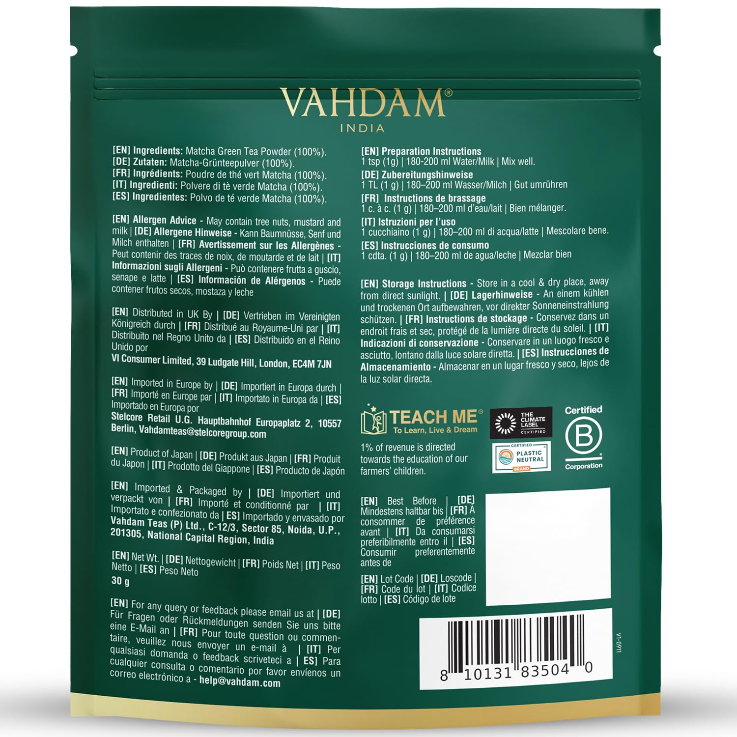 VAHDAM Matcha Ceremonial 30g | Té Verde Matcha Japonés Grado Ceremonial de Uji, Japón | Polvo Ultra Fino y Sedoso | Sabor Delicado Sin Amargor | Ideal para Ceremonia del Té y Matcha Latte