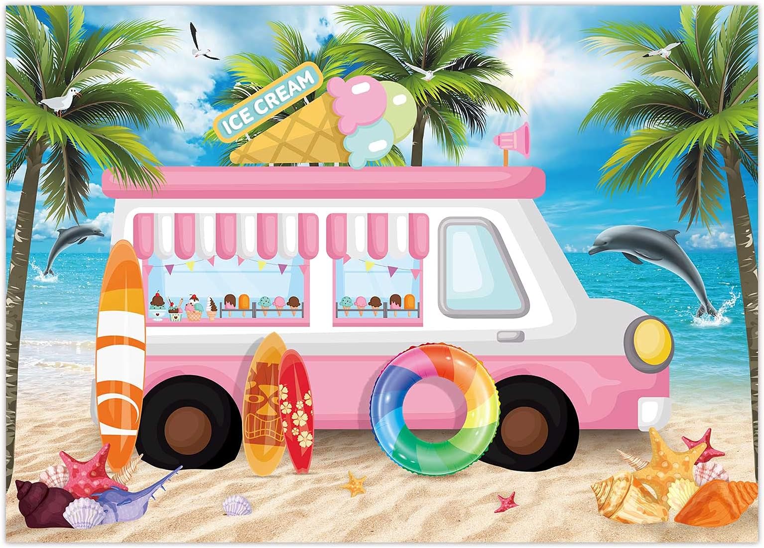 Funnytree7x5ft Ice Cream Party Backdrop Dessert Shop Truck Photography Background Summer Hawaii Beach Seaside Pink Car Baby Girl Kids Birthday Cake Table Decorations Banner Photo Studio Booth Props