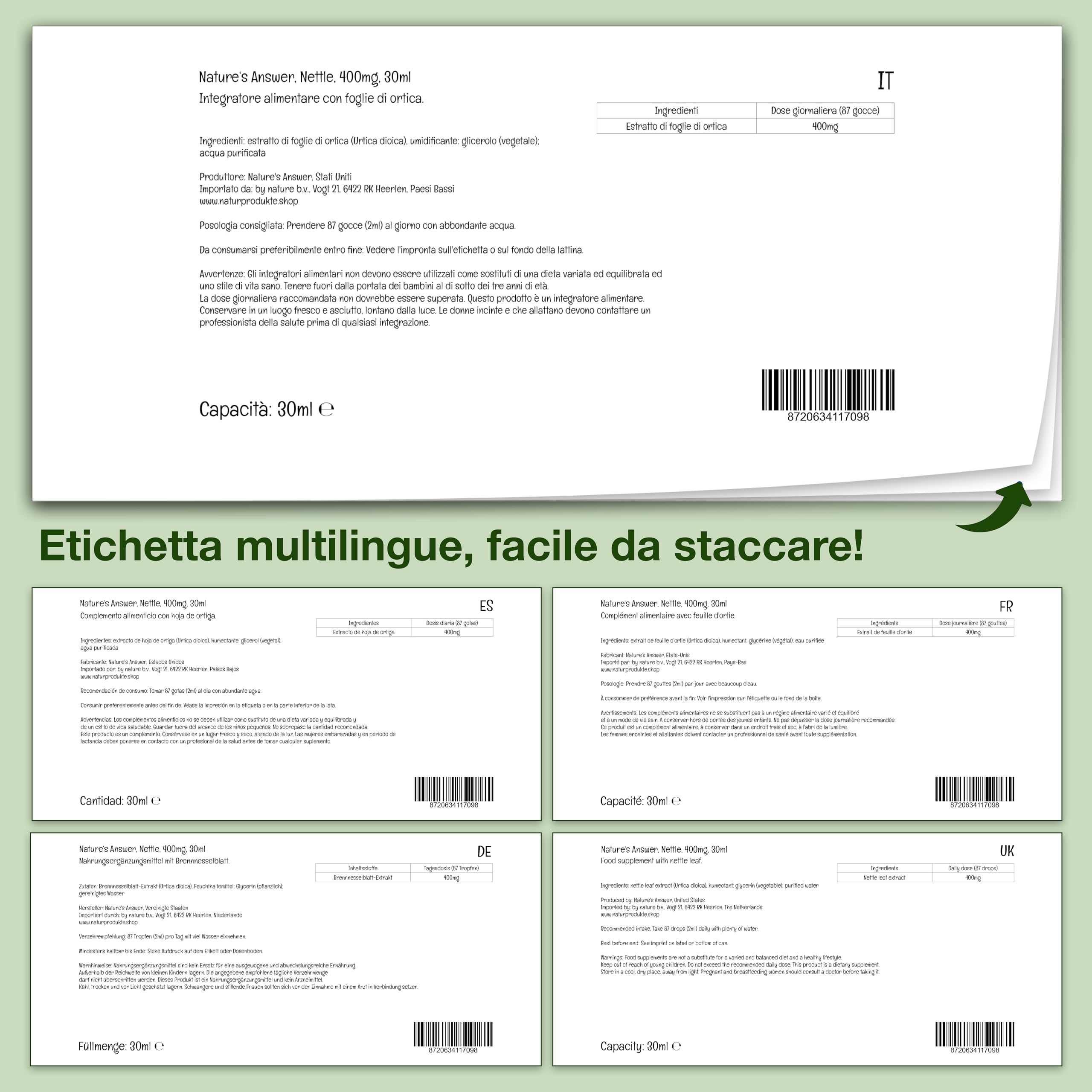 Nature's Answer, Nettle Extract (Estratto di Ortica), 400mg, 30ml, Testato in Laboratorio, Senza Glutine, Senza Soia, Vegano, Vegetariano, Non OGM