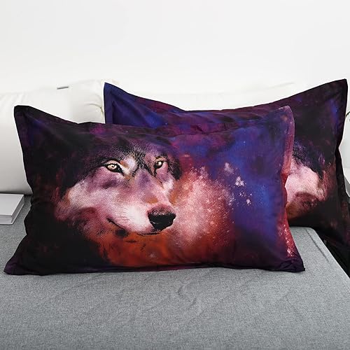 Miniatura 6 de ZHH - Juego de funda de edredón de lobo, juego de ropa de cama con temática de galaxia, suave y cómodo, diseño estrellado en 3D, para niños, tamaño